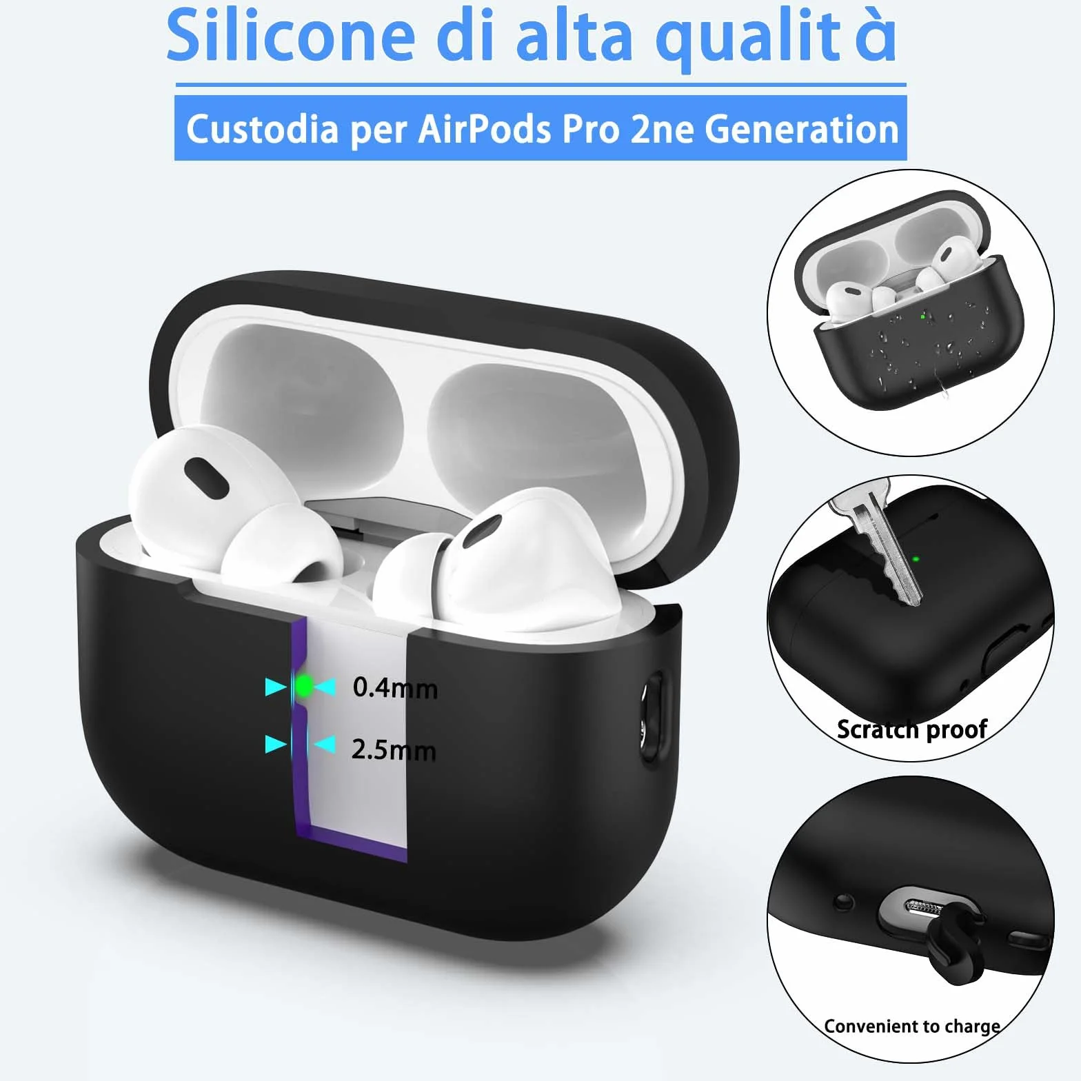 Custodia per AirPods Pro di seconda generazione, Custodia per AirPods Pro in morbido silicone anticaduta e antiurto Skin Touch con portachiavi e kit di pulizia,Nero