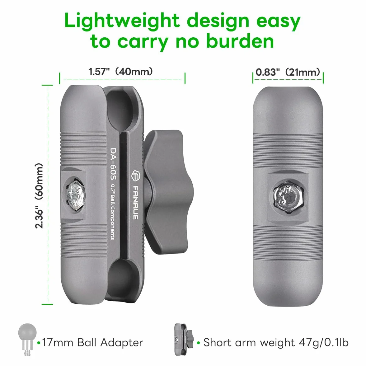 FANAUE Braccio a doppia presa compatibile con sfera da 17 mm, lega di alluminio, compatibile con supporto GPS Garmin e supporto per telefono per bici e moto