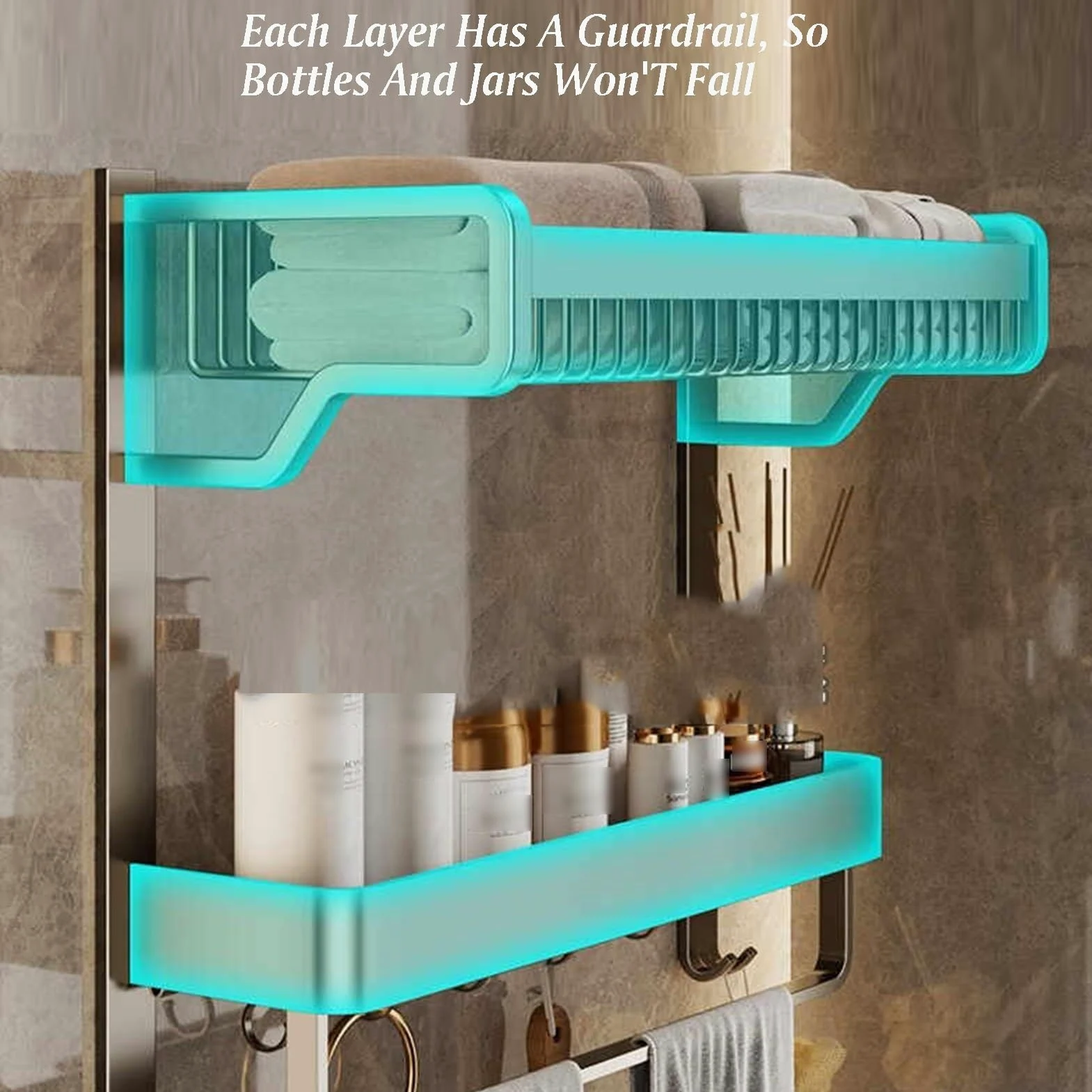 Portasciugamani a 2 ripiani, mensola portasciugamani da parete con ganci mobili, realizzato in alluminio spaziale, per soggiorno, balcone, bagno (L-57 cm)