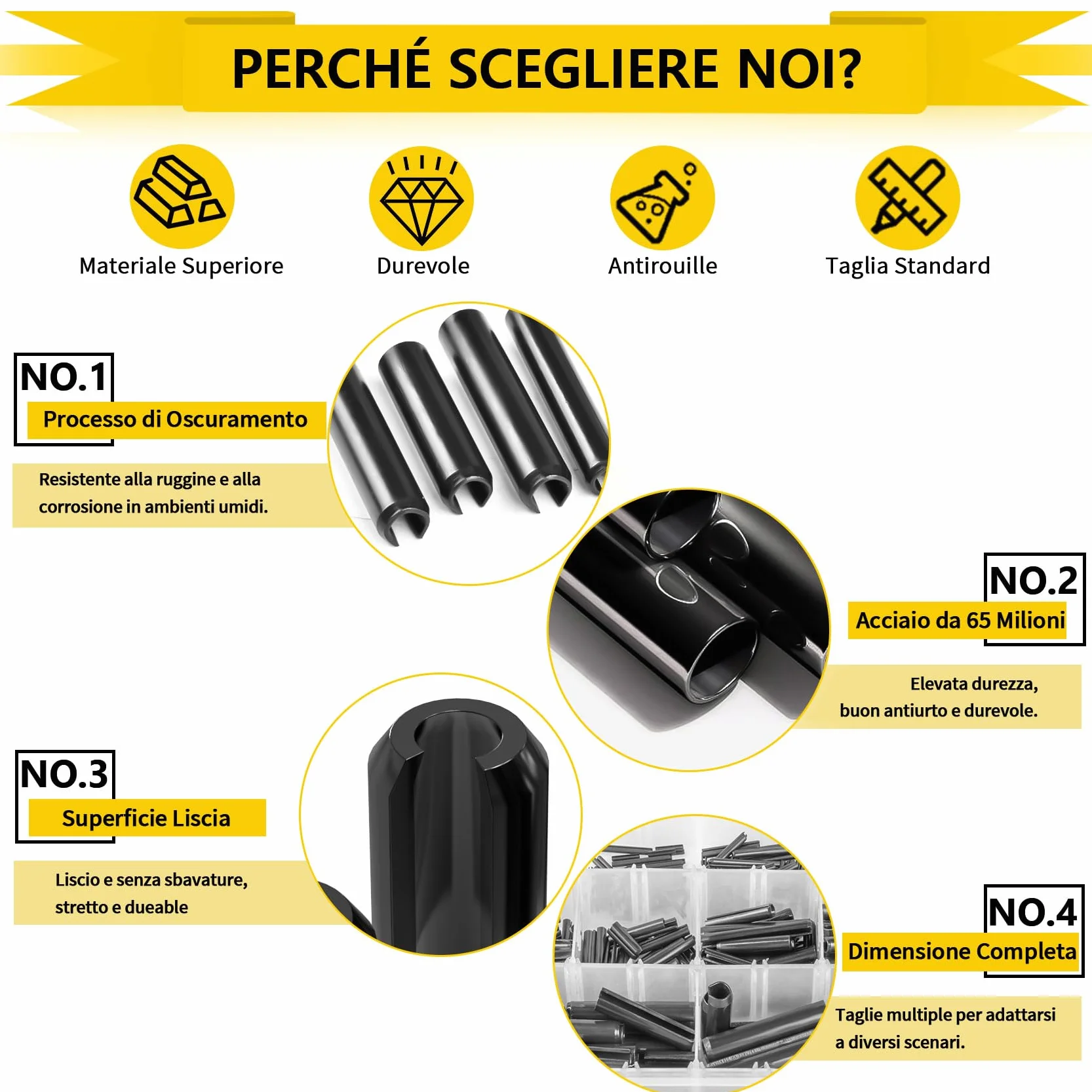 Perno di Tensione a Molla Acciaio 65Mn Assortimento Spine Elastiche M1.5-M10 360 Pezzi
