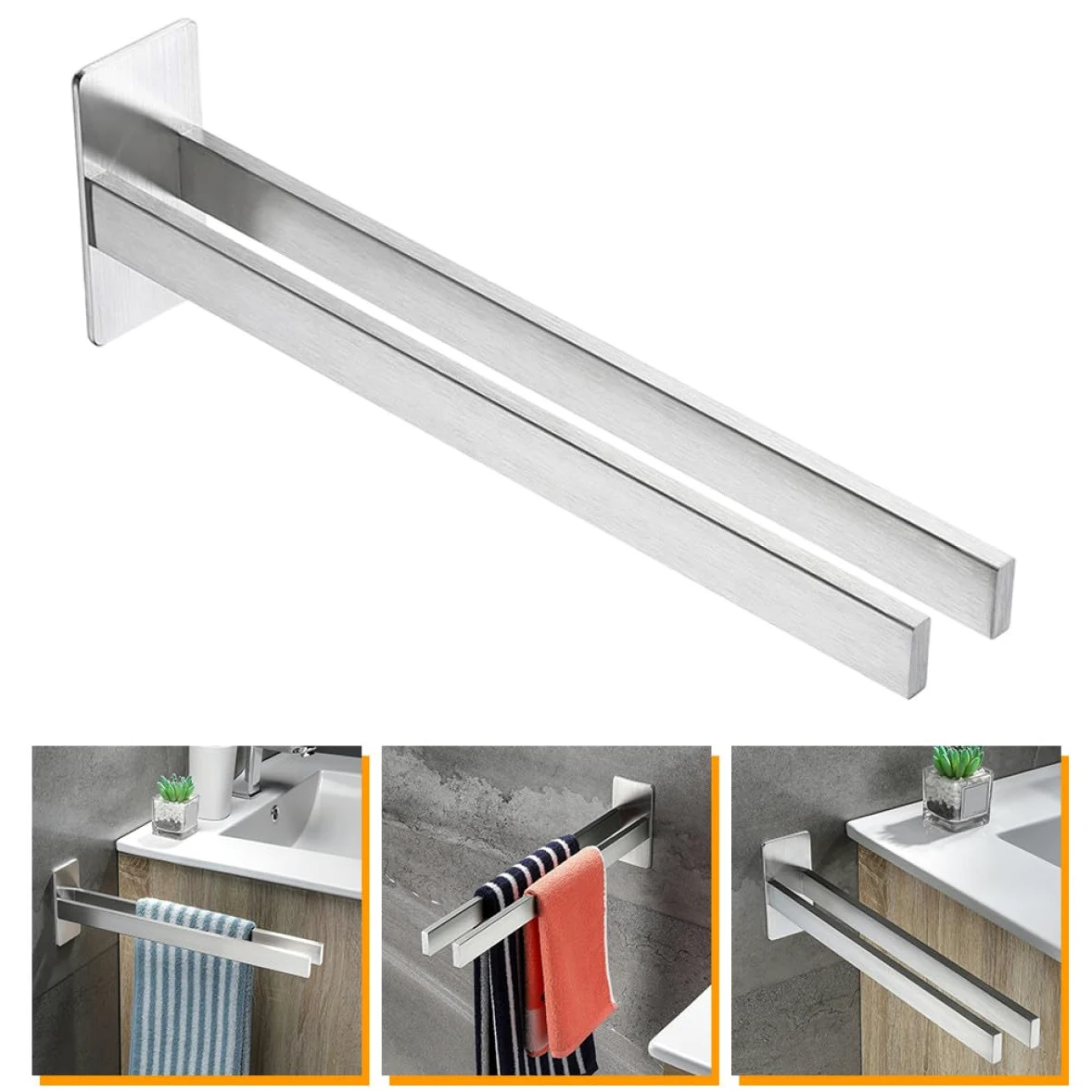 TIDTALEO Mensola Portasciugamani da Bagno in Acciaio Inox 304 senza Fori Portasciugamani Doppio Palo 39 CM Installazione Adesiva per Cucina e Bagno