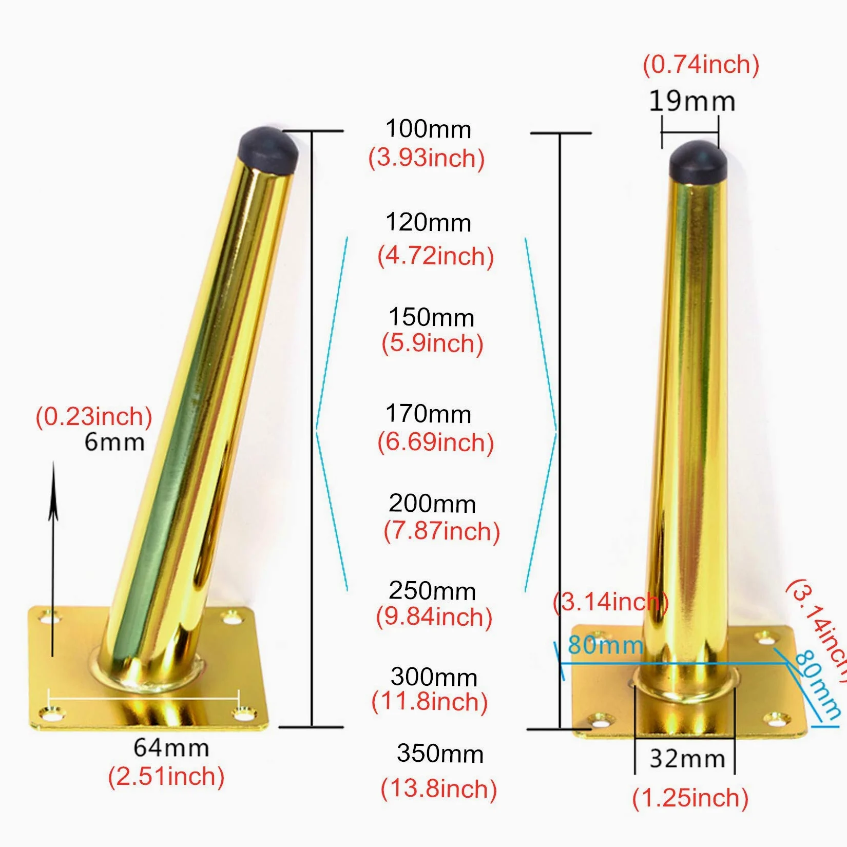 Set di 4 Gambe di Supporto per mobili, Gambe per divani, Piedini per armadi, Gambe per tavoli, Piedini per mobili TV, Piedini per mobili per tavolino, Gambe per mobili a Cono in Me