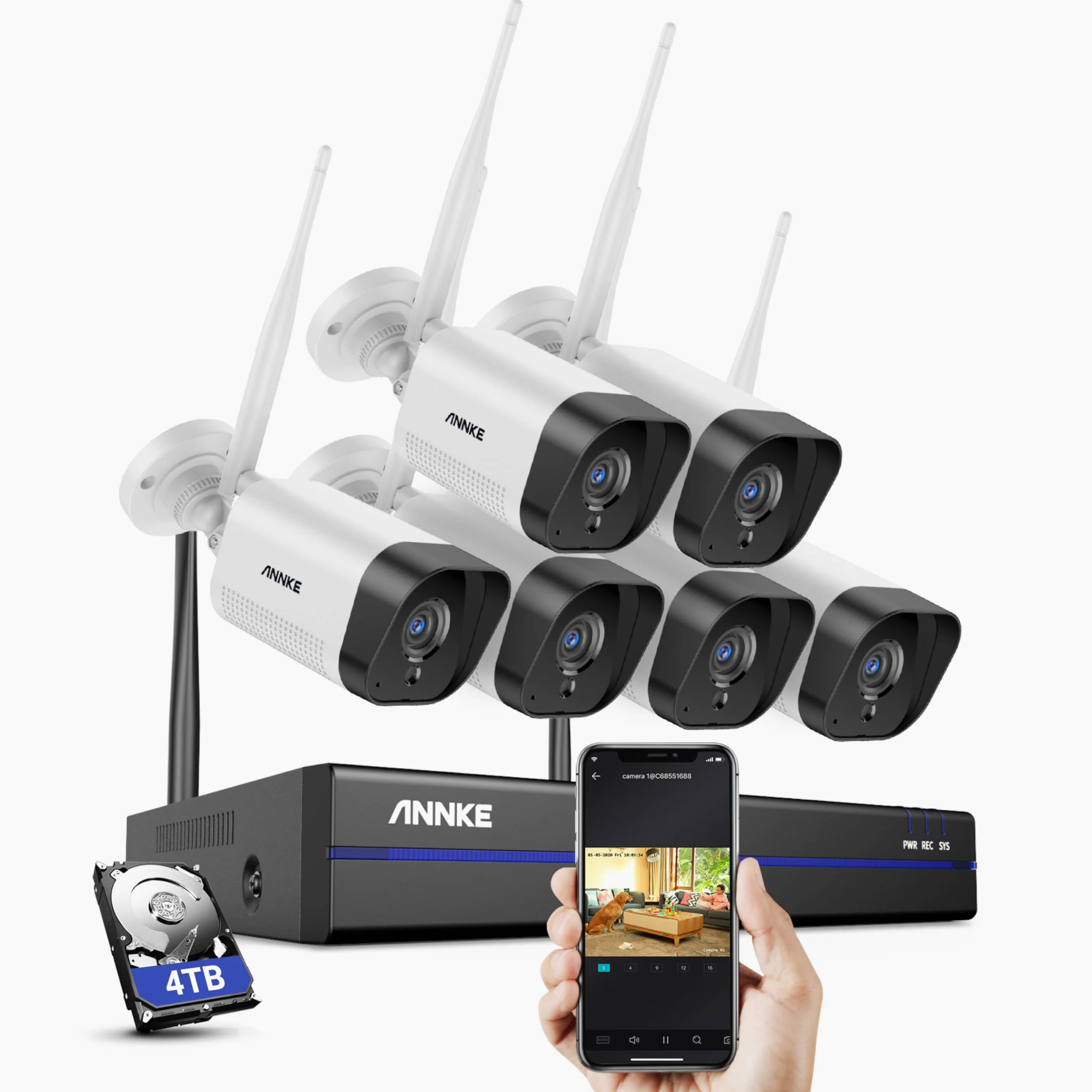 ANNKE Kit Videosorveglianza WiFi 3MP, 10CH NVR 5MP e 6 Telecamere Wireless, Supporta Visione Notturna IR, Audio a 2 Vie, Rilevamento di Persone/Veicoli,Compatibile con Alexa,disco rigido da 4TB