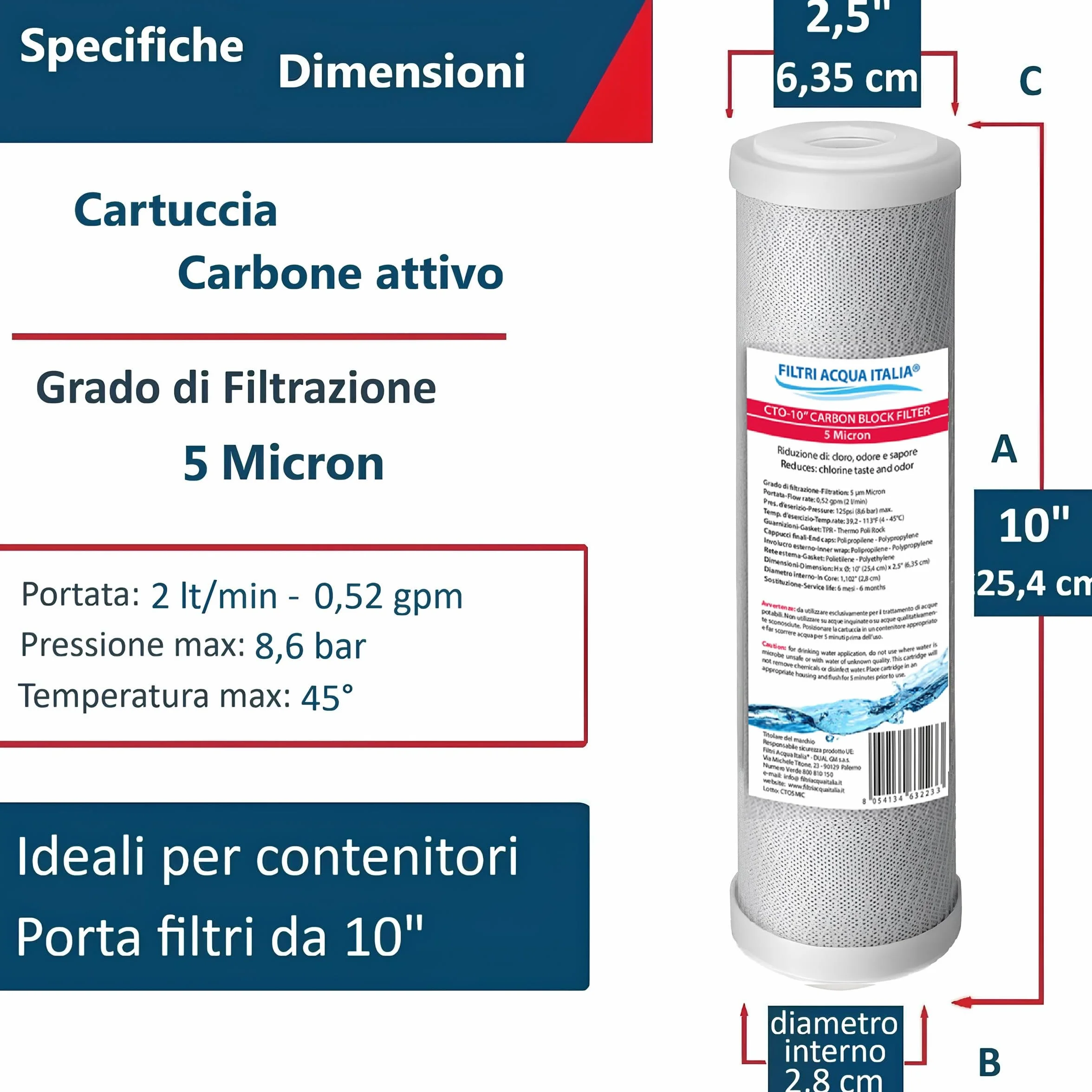 Cartuccia Carbon Block 5 Micron 10 Pollici CTO Filtro a carbone attivo per osmosi inversa Set 3 Pz. Filtri Acqua Italia®