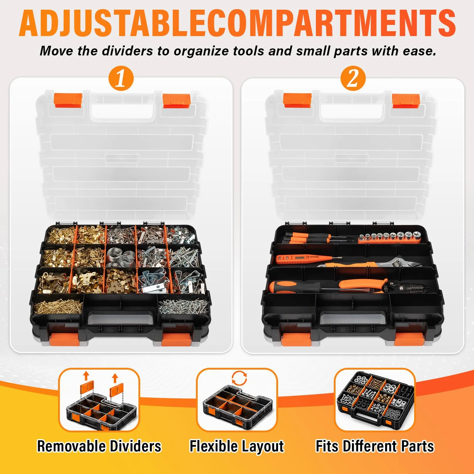 DIYSELF Organizer per viti, organizer a 34 scomparti per piccole parti, organizer per hardware con spazio regolabile, scatola portaoggetti con coperchio trasparente per hardware, artigianato, perline