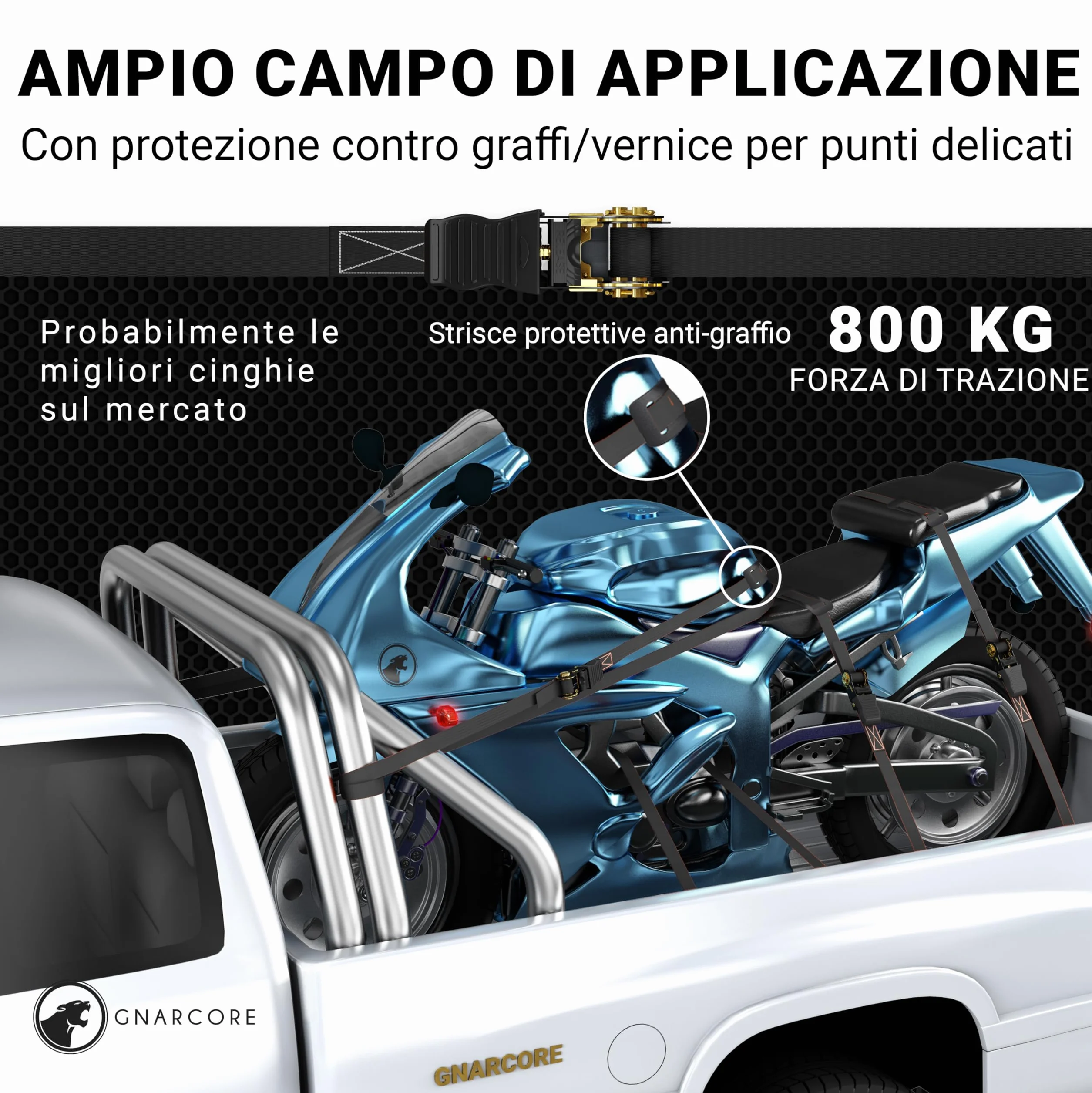 Cinghie di Fissaggio a Cricchetto Premium, Set da 4, Resistenza 800 Kg, Con Borse - Certificato DIN EN 12195-2
