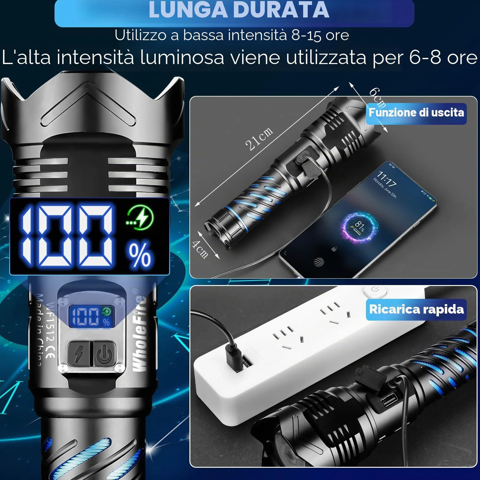 Torcia a LED ricaricabile, torcia a LED, estremamente luminosa, 150000 lumen, IP65, impermeabile, alimentata a batteria, torcia USB per le emergenze all'aperto, campeggio