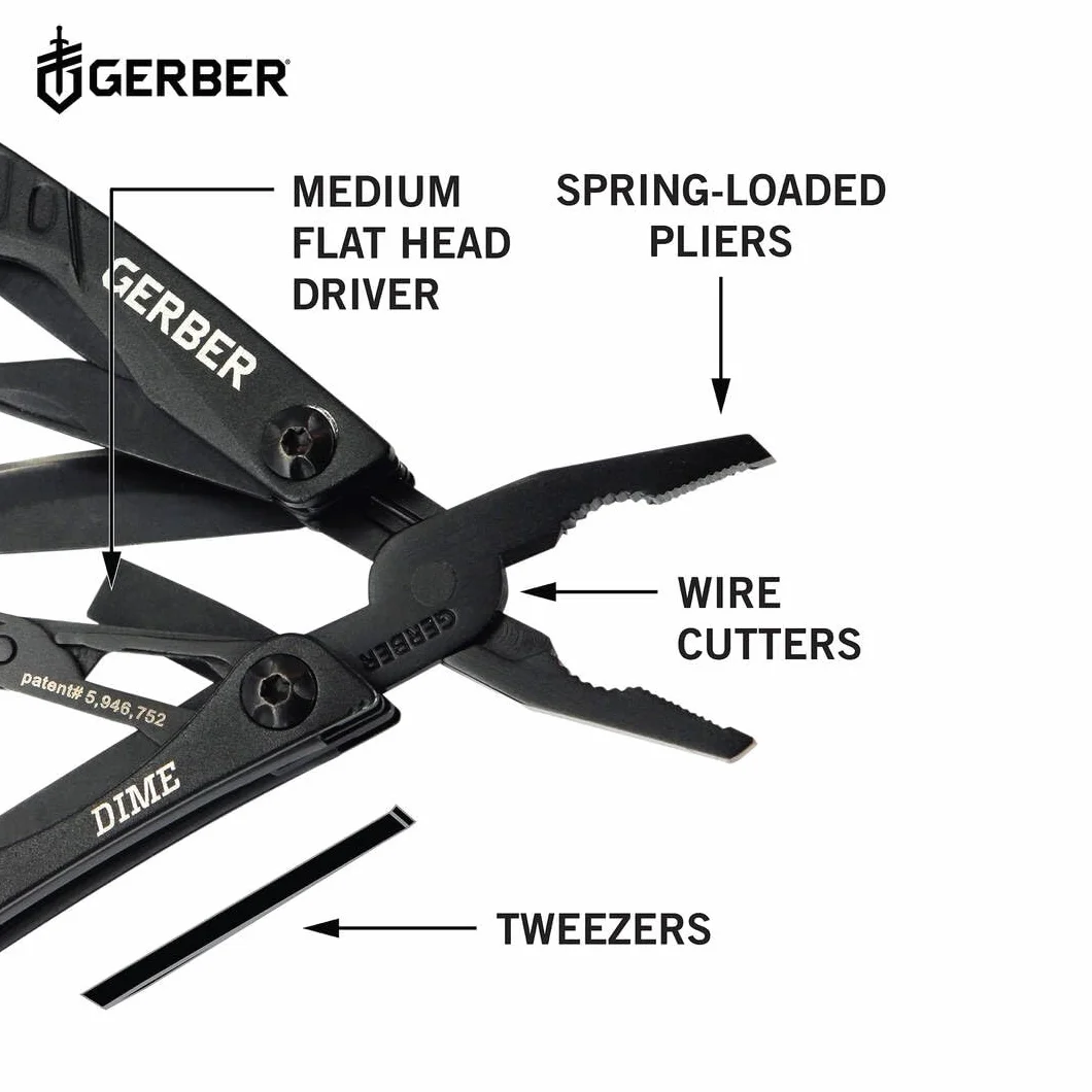 Gerber Utensile Multifunzione con 12 Funzioni, Multiutensile Tascabile Dime, Nero, 1014030