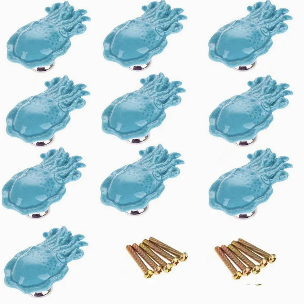 10 pomelli/maniglie/maniglie in ceramica a forma di polpo rosa per mobili da cucina, armadi, armadi, cassetti, comò, porte di mobili da bagno, ecc. Decorazioni in stile mediterraneo (blu)