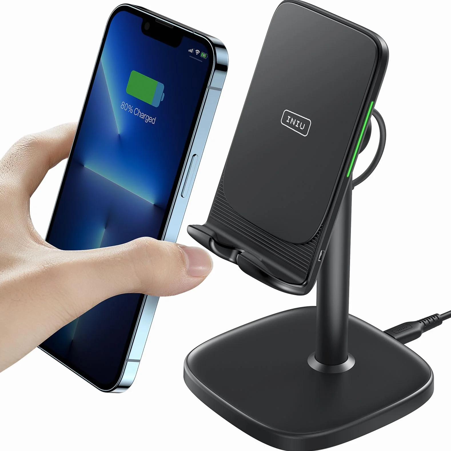 INIU Caricatore Wireless Phone Stand, 15W Certificato Qi Ricarica Rapida di Adujstable Wireless Charger Holder Indicatore Adattivo Supporto per iPhone 15 14 13 12 11 Samsung Galaxy Xiaomi Google LG