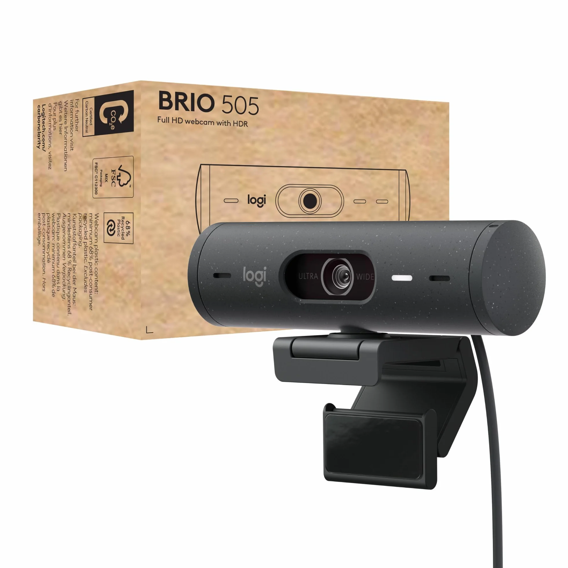 Logitech Brio 505 Webcam Full HD con correzione automatica dell’illuminazione, inquadratura, modalità Mostra, 2 microfoni con riduzione del rumore, Msft Teams, Google Meet, Zoom - Grigio