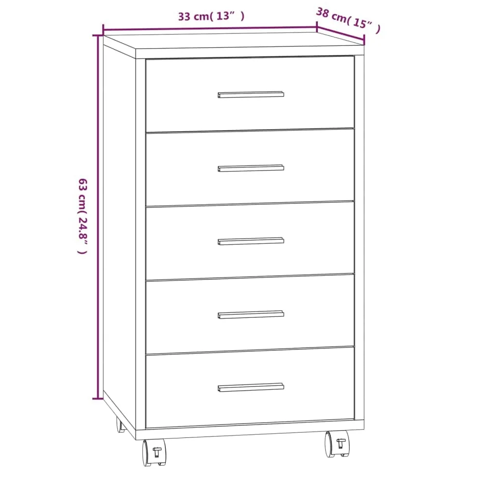 Cassettiera con ruote, in legno nero, 5 cassetti, per ufficio e casa, 33 x 38 x 63 cm