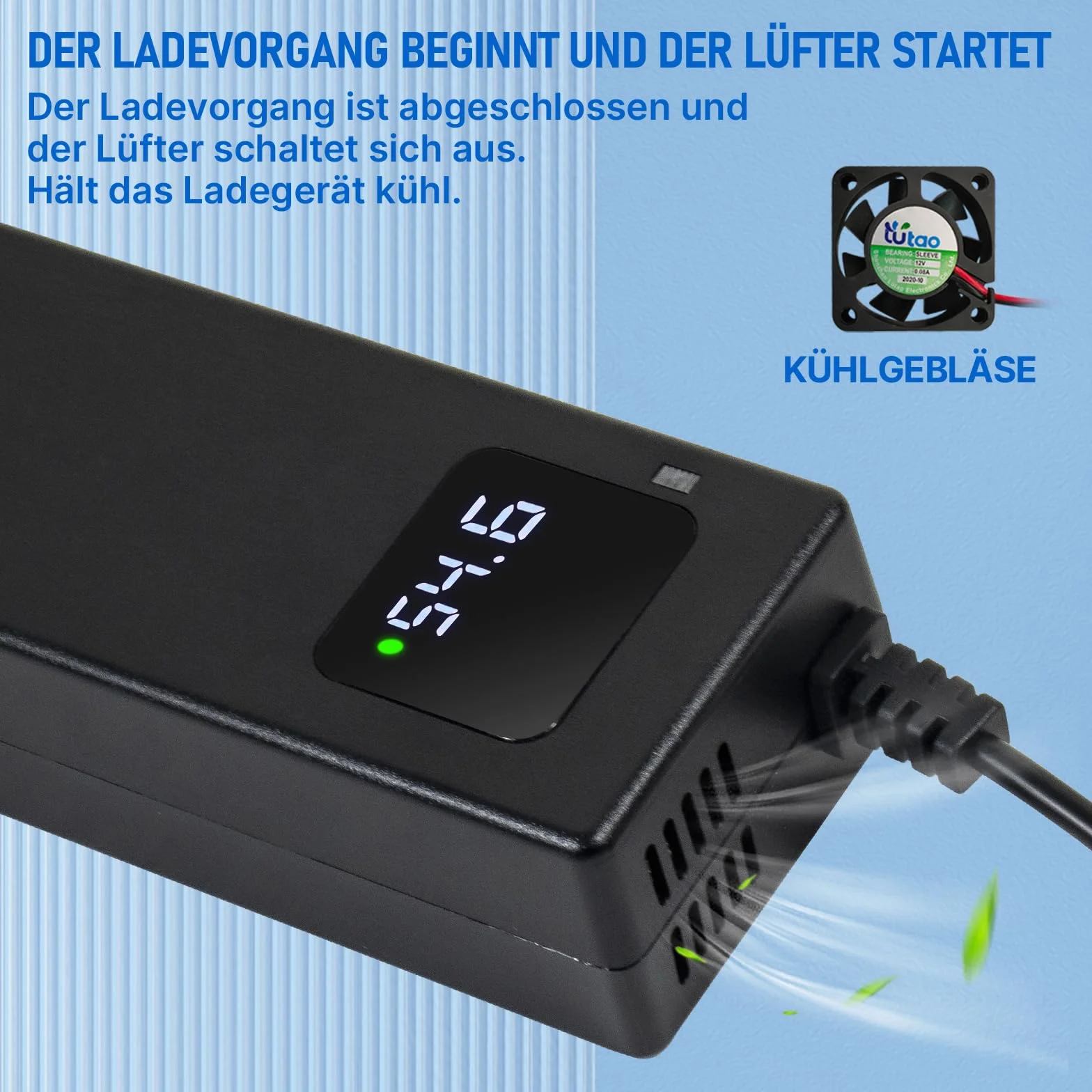 Caricabatterie da 54,6 2 A per scooter elettrico, 48 V, 13 s, batteria agli ioni di litio a 1 foro, spina da 5,5 x 2,1 mm, alimentatore di rete da 48 V con ventola integrata, con display per la