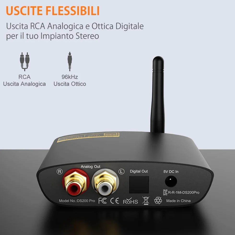 1Mii Ricevitore Bluetooth 5.3 HiFi per Stereo, Adattatore Audio Bluetooth Hi-Res LDAC, aptX HD con ESS DAC Audiophile Uscita Ottica/RCA per Ricevitore AV o Amplificatore- DS200Pro
