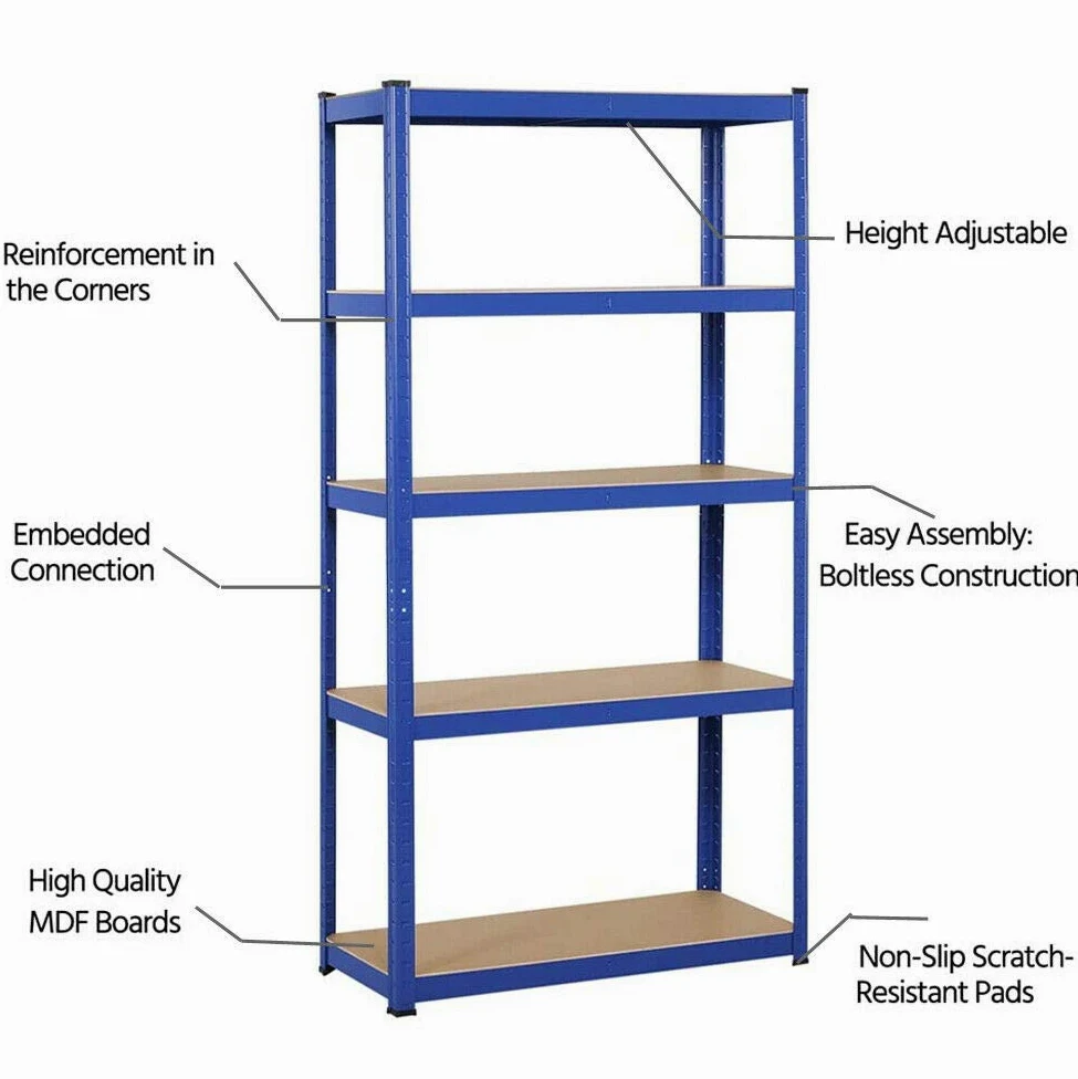 DayPlus Scaffalatura in metallo resistente e regolabile per carichi pesanti in metallo, per garage, cantine, officine, con 5 ripiani in MDF, portata 875 kg, portata 200cm x 100cm x 50cm, Blu