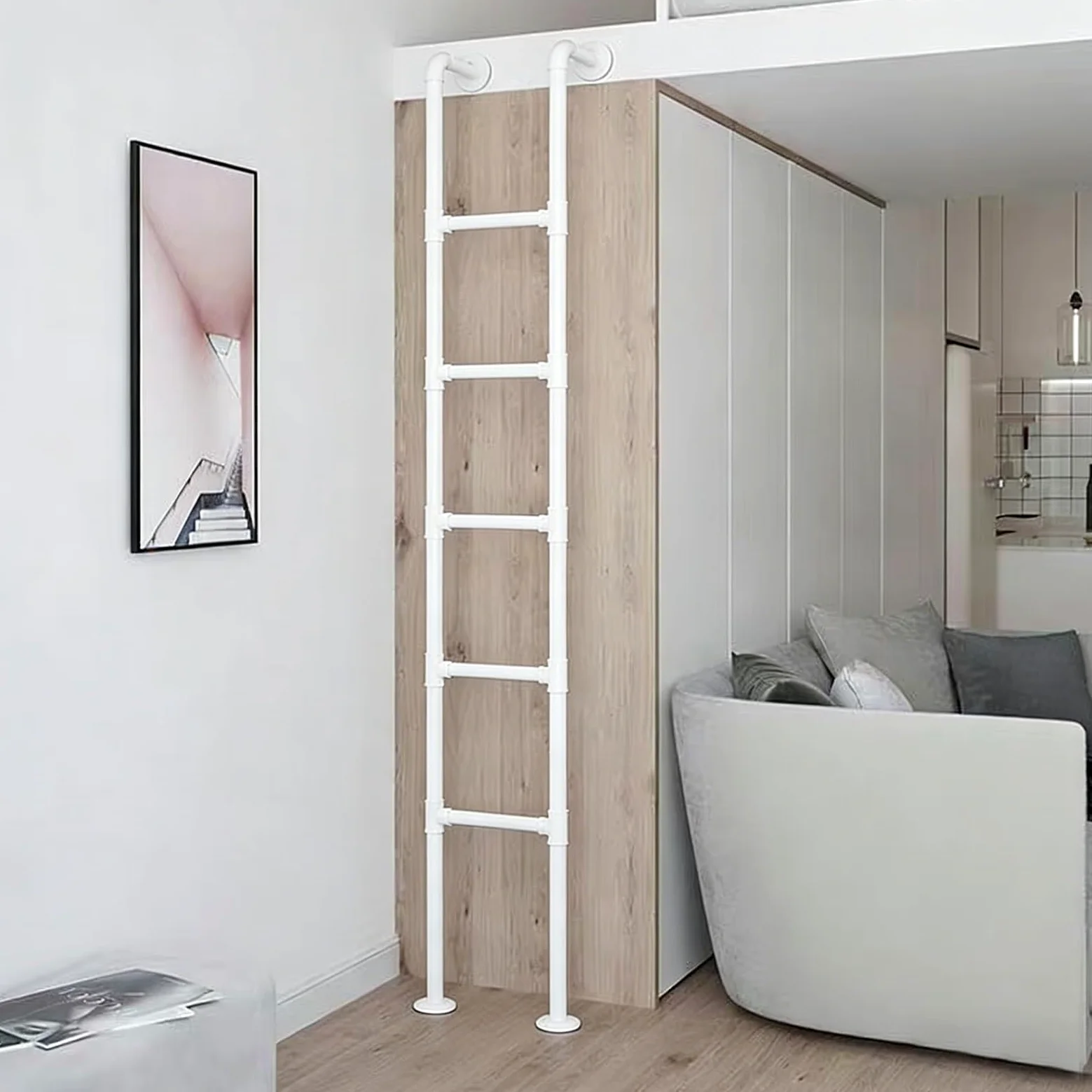 Scala di Uscita di Emergenza Resistente per Casa/Letto a Castello, Scala da Soppalco da Terra in Ferro battuto Bianco con Accessori di Montaggio, Dimensioni Personalizzabili(120cm/47in)