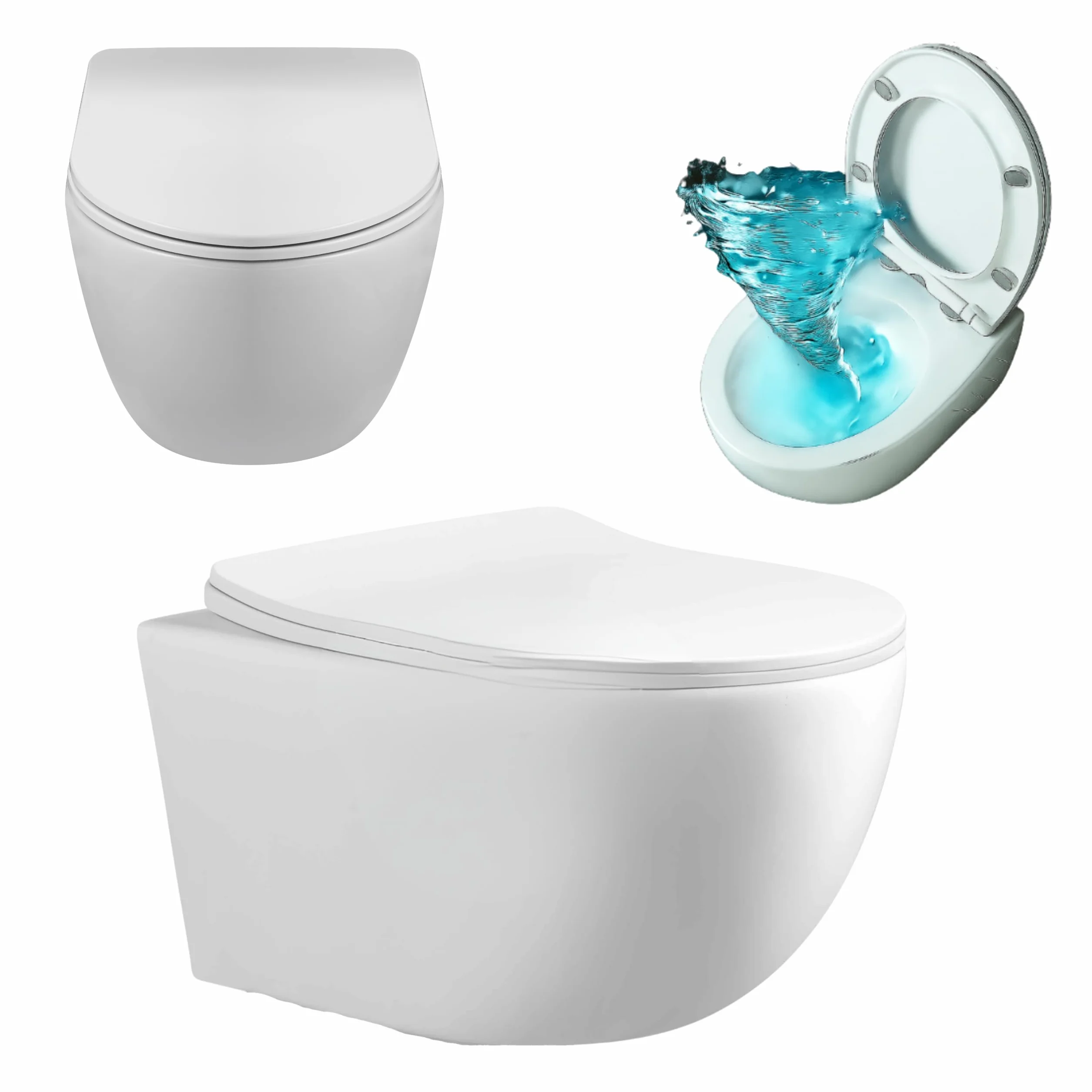 AquaUno WC sospeso senza bordo Tornado Flush 360° Toilette Rimless bianca ceramica sanitaria sedile Duroplast Soft-Close Quick-Release