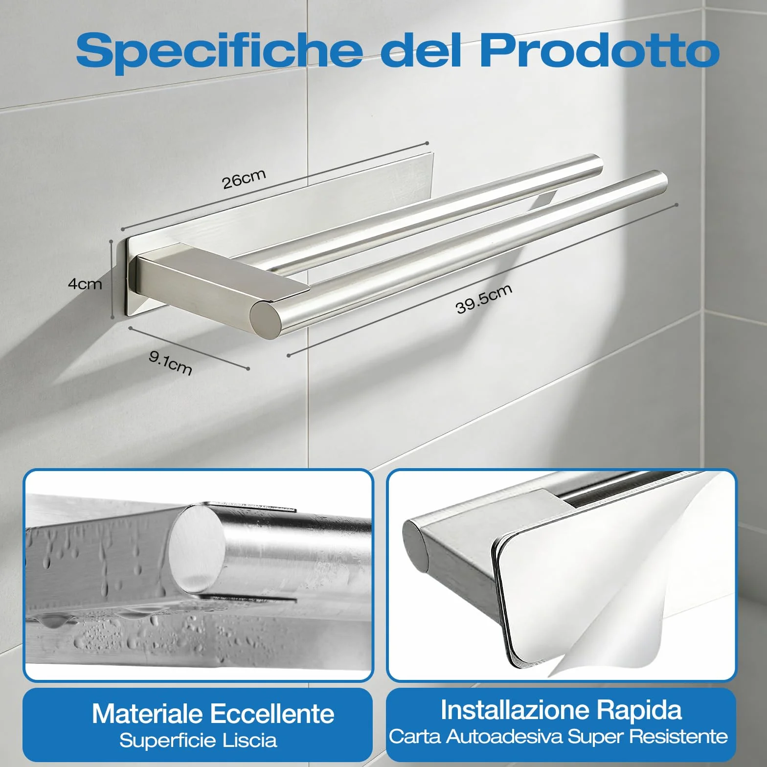 Portasciugamani Senza Foratura in Acciaio Inox SUS304 Autoadesivo 39 cm 2 Bracci Antiruggine per Bagno