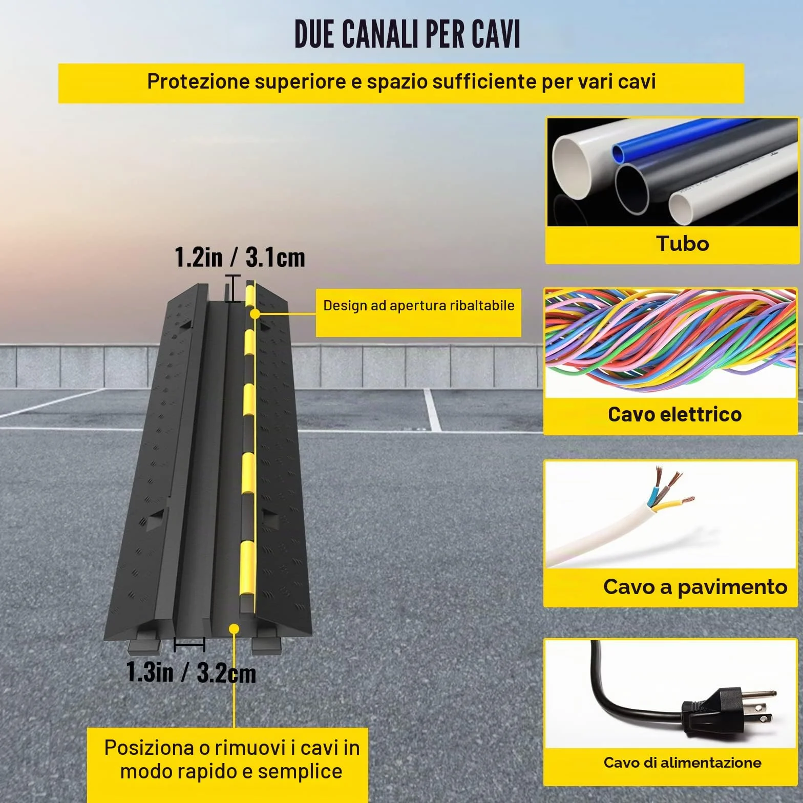 VEVOR Rampa Modulare per Condotto 2 Canale, Protezione Cavo in Gomma e PVC Carico 4.989 kg, 4 Pezzi Nero Giallo