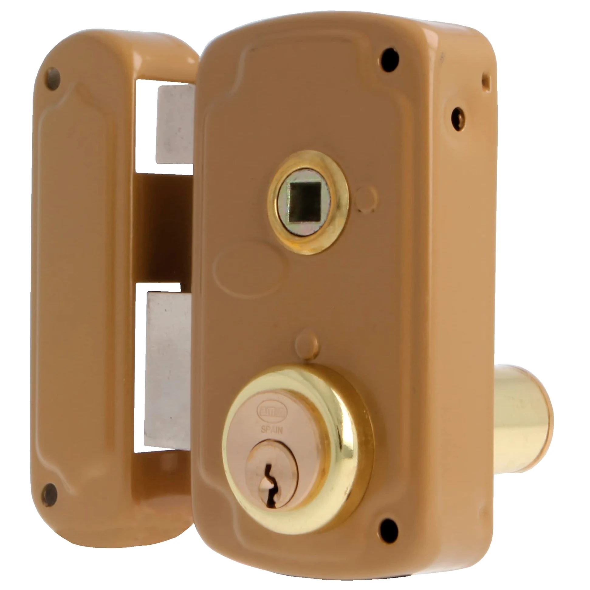 Amig - Serratura da sovrapposizione a sinistra con leva di chiusura, linguetta e maniglia per porte in legno mod. 75UN 66 x 120 mm Cilindro rotondo di sicurezza in acciaio dorato
