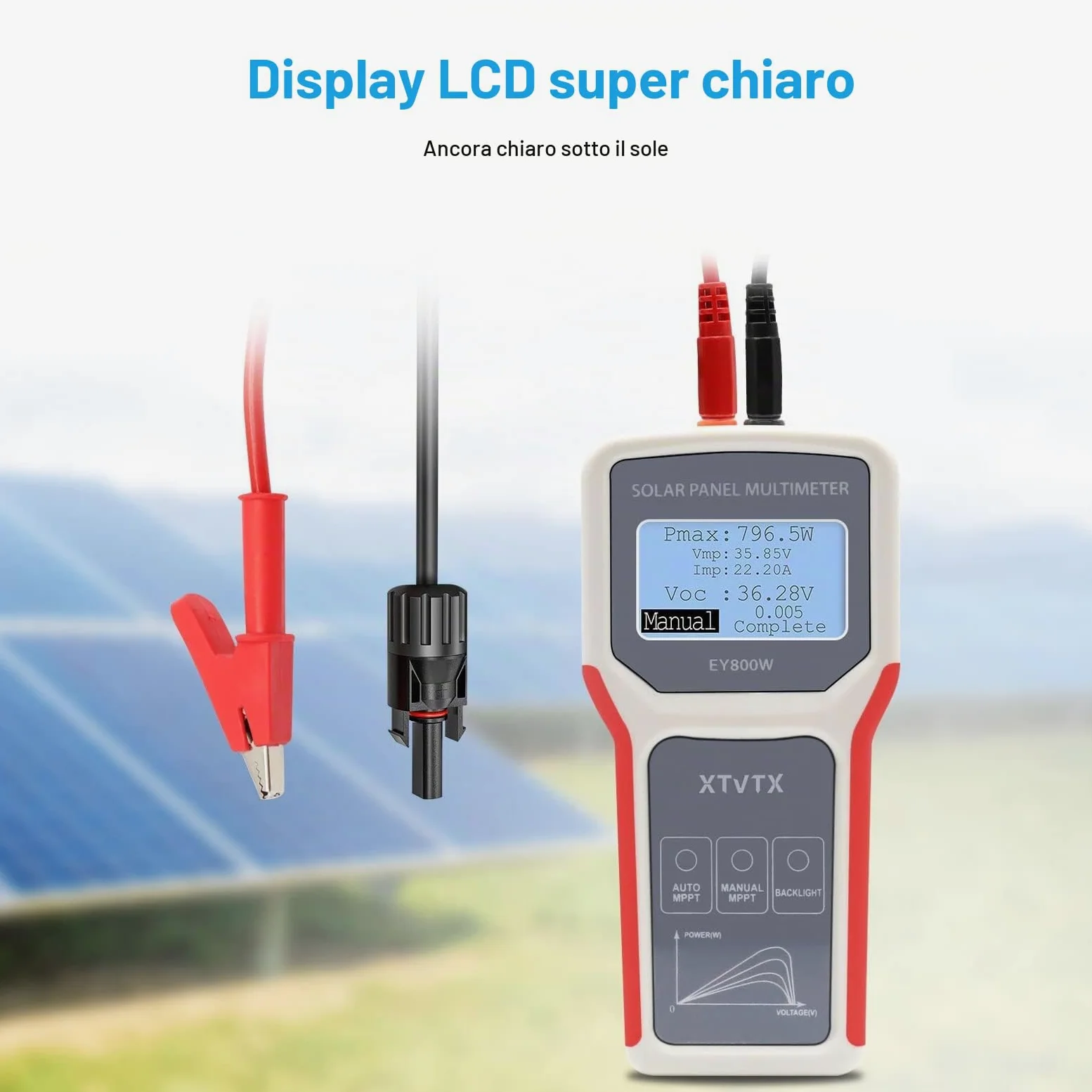 Tester di pannello solare, multimetro per pannello fotovoltaico stile migliorato EY800W, con schermo LCD ultra chiaro