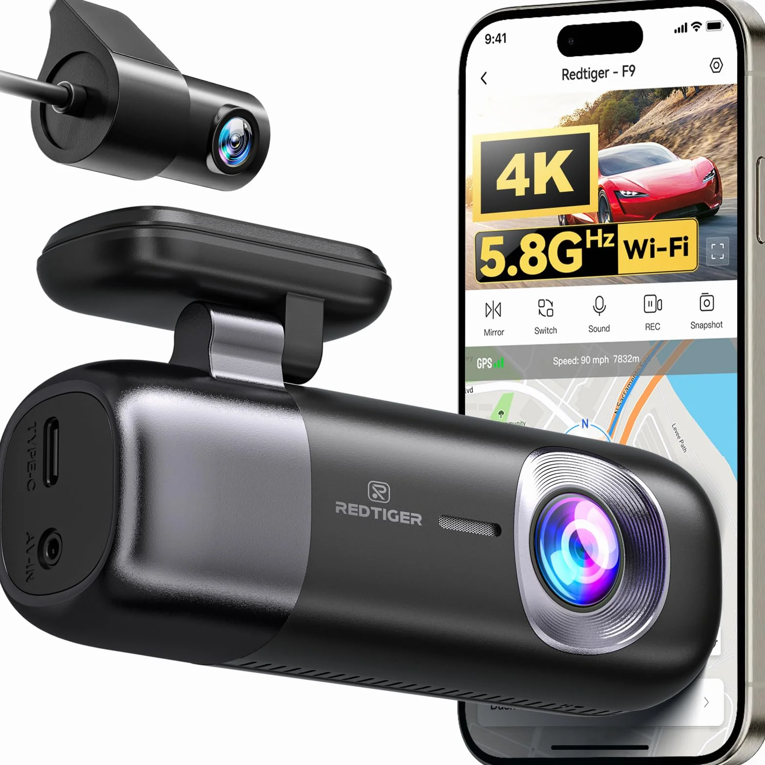REDTIGER Dash Cam Auto 4K + 1080P, Anteriore e Posteriore, Dashcam Auto con WiFi e GPS, Registrazione in Loop, Modalità Parcheggio, Controllo APP,Supporto Massimo 256 GB(F9)
