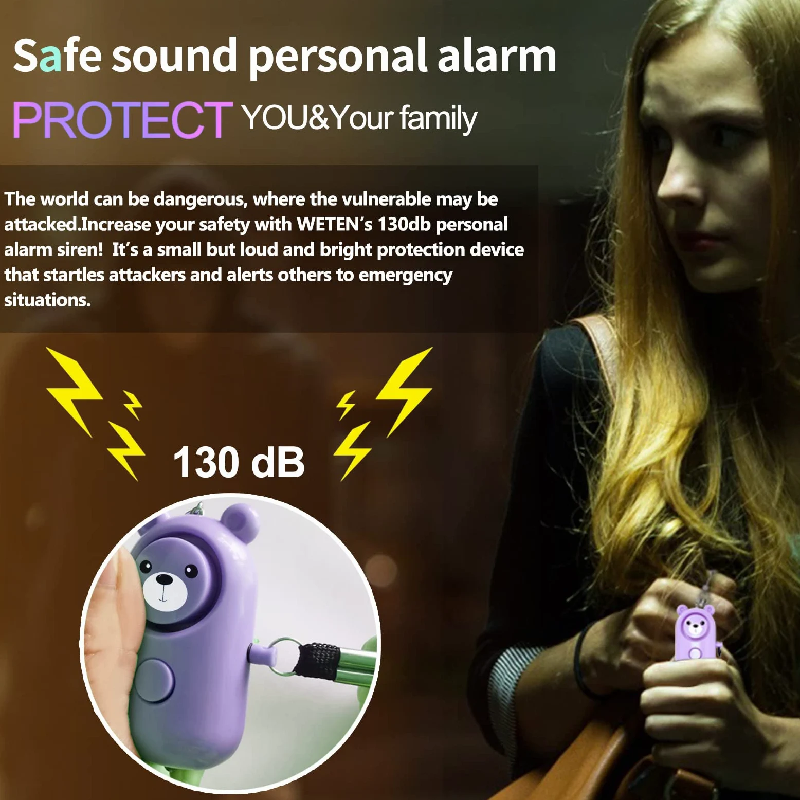 Allarme personale sicuro suono per donne bambini anziani, confezione da 2 simpatici 130dB sirena forte di sicurezza autodifesa con luce LED, portachiavi di sicurezza allarme di emergenza da solo