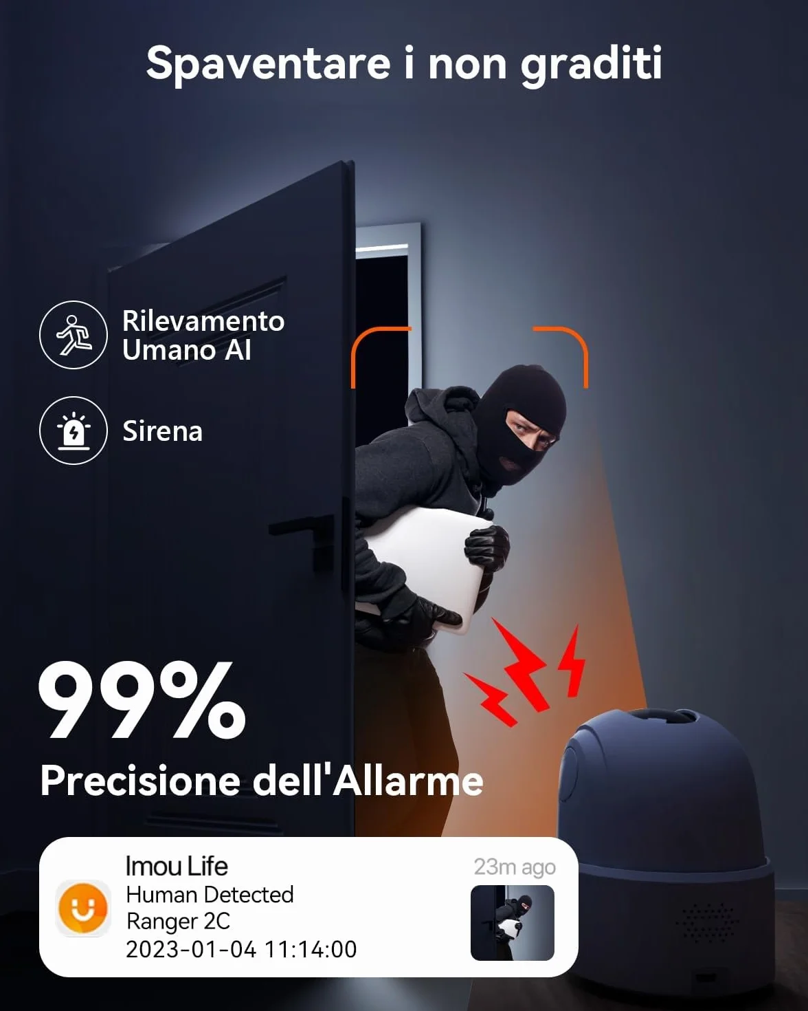 Imou 4MP Telecamera Wi-Fi Interno Videocamera Sorveglianza 2.5K, Rilevamento Umano, Audio Bidirezionale, Tracciamento di Movimento con Sirena, Compatibile con Alexa, Rotazione a 360°, 2.4Ghz Ranger 2C