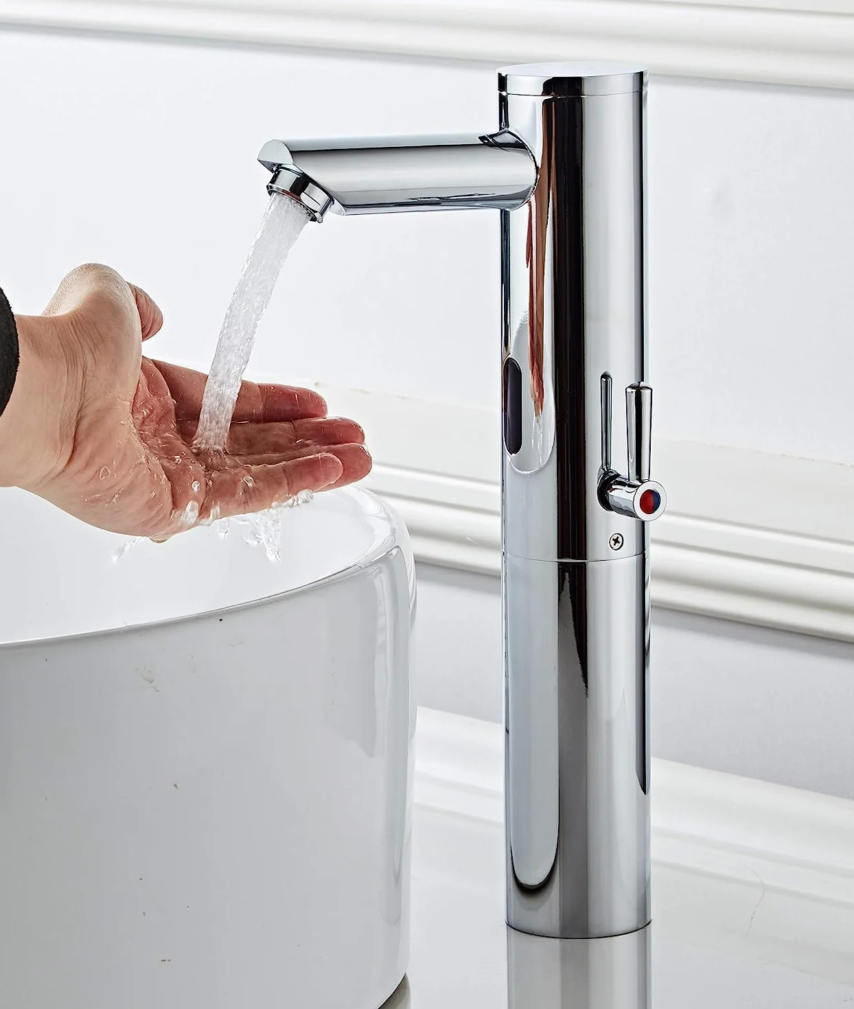 Rubinetto Bagno con Sensore Automatico a Infrarossi Senza Contatto, Miscelatore Lavandino Ottone Cromato