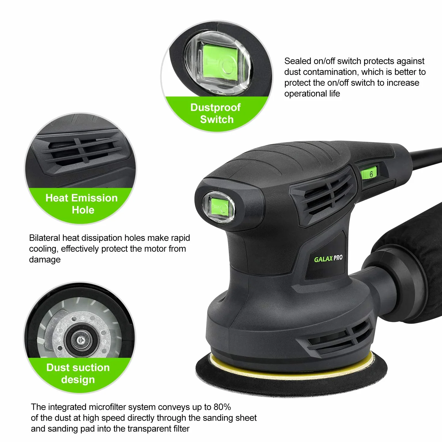 GALAX PRO Levigatrice Orbitale, 280W 6 Velocità Variabili 6000-13000 RPM Levigatrice Rotorbitale, 15 pezzi 125mm Dischi abrasivi, Polvere sistema di raccolta, ideale per DIY