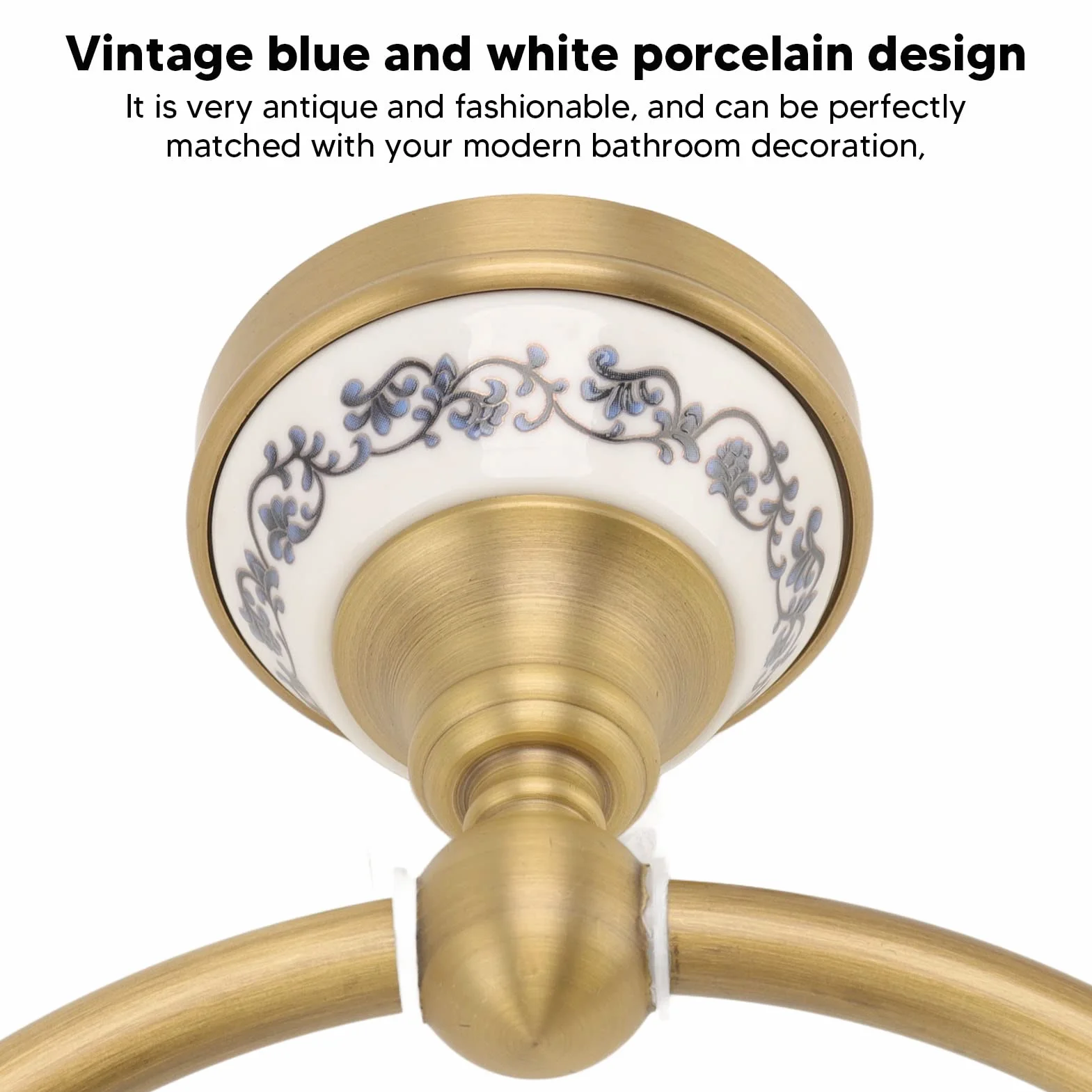 Anello portasciugamani in ottone antico, portasciugamani da bagno, portasciugamani a parete con adesivo in porcellana blu e bianco, struttura in acciaio inox durevole per
