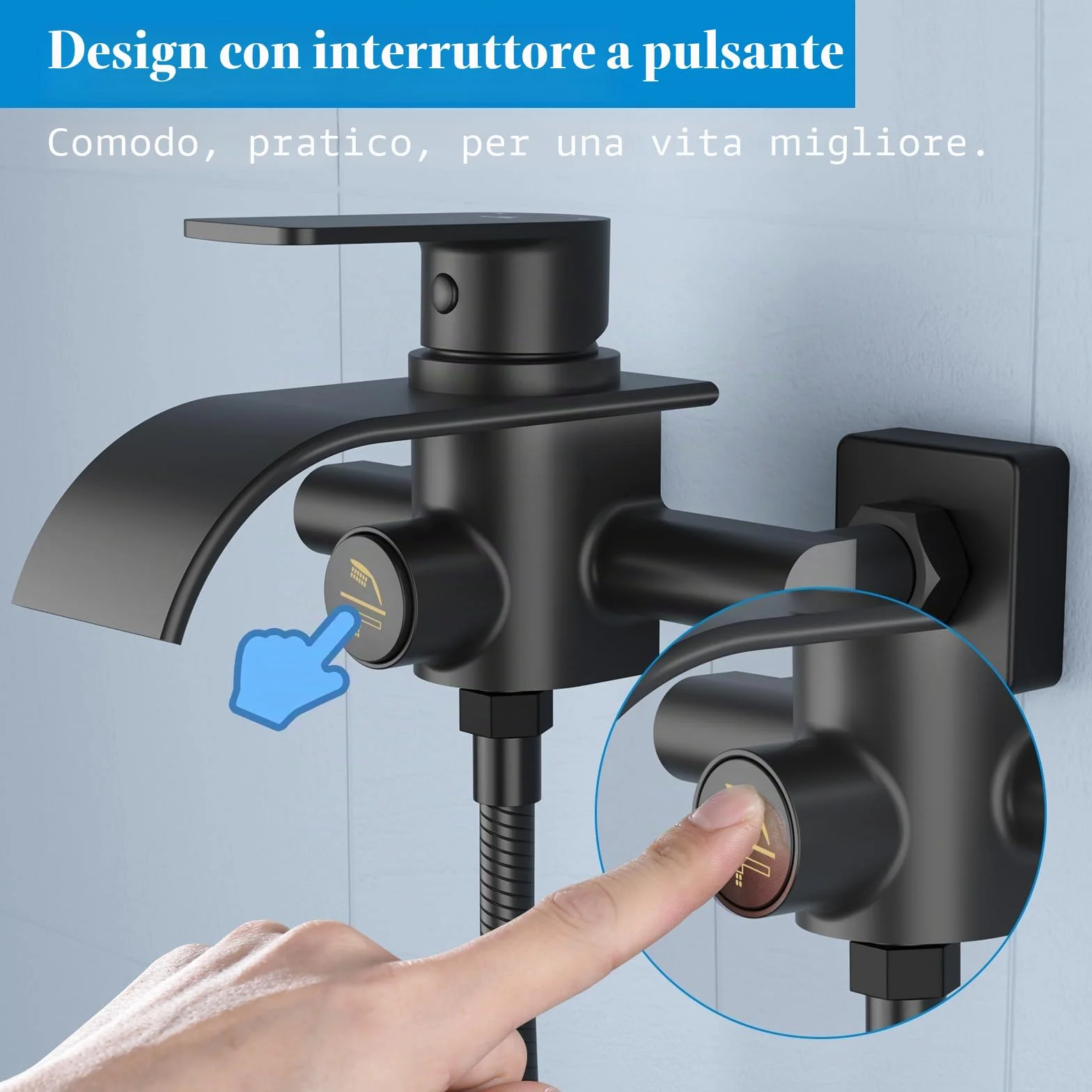 KULACO Rubinetto per Vasca da Bagno a Cascata, Nero, Monomando con Interruttore a Pressione, Materiale in Ottone, Reversibile, Montaggio a Parete
