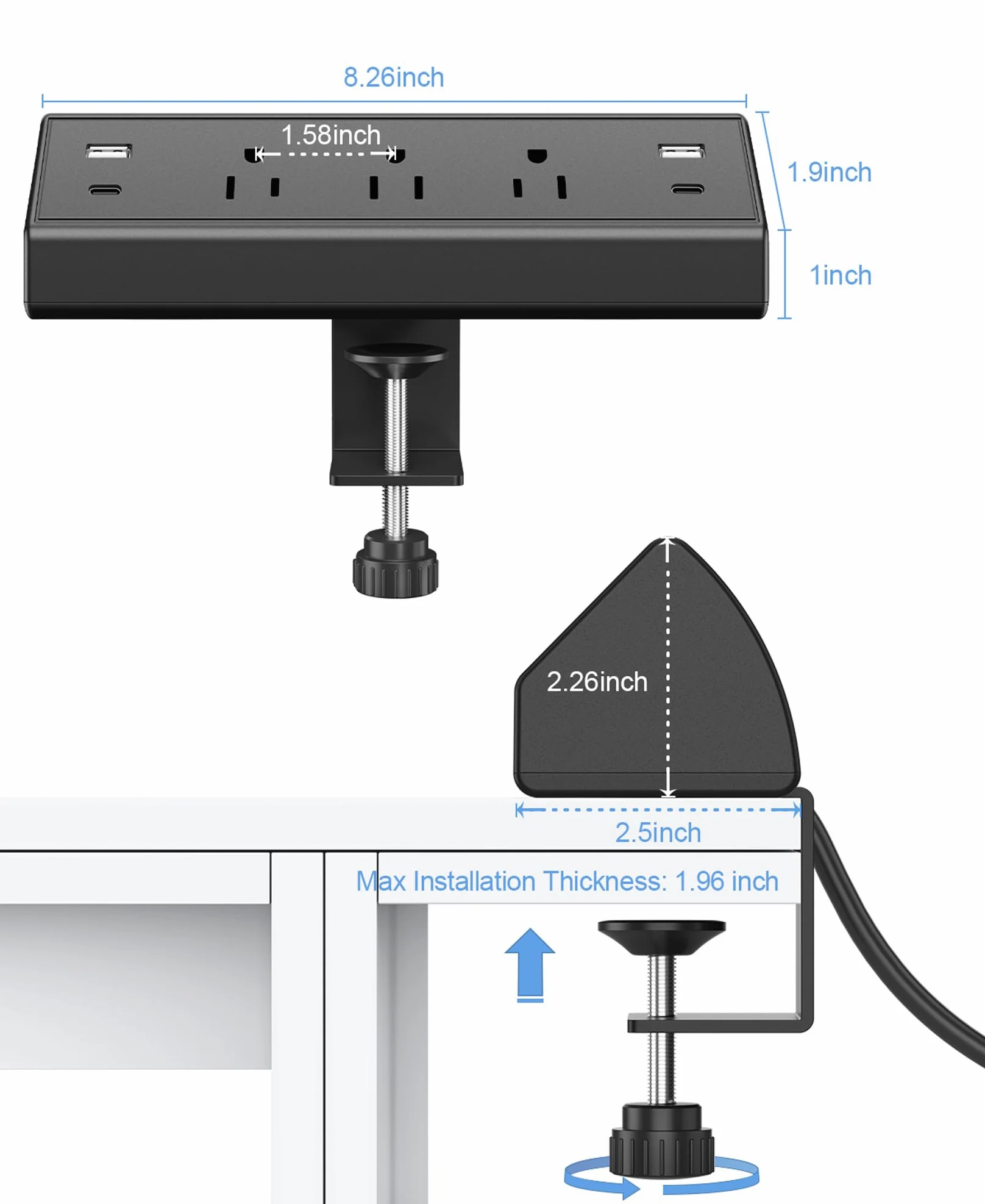 Presa multipla da scrivania, protezione da sovratensione per ufficio, stazione di ricarica rapida da 40 W, 2 porte USB C PD 20 W, 3 prese, presa piatta da 1,8 m per casa, ufficio, adatto
