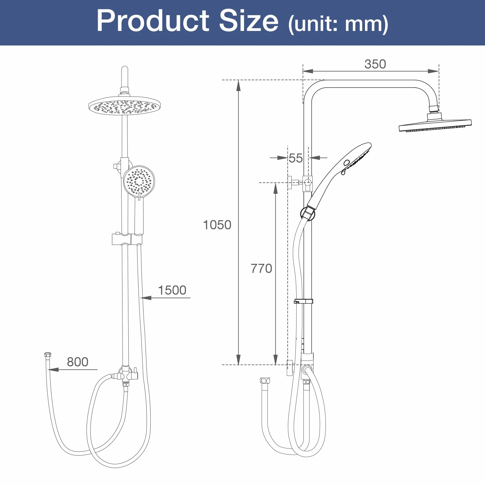 Kit asta doccia in acciaio inox, asta doccia e soffione senza rubinetto, 21 x 21 cm, soffione a pioggia e soffione portatile, cromato