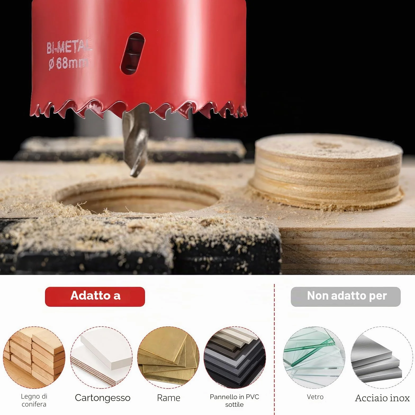Sega a tazza bimetallica HSS M42 68 mm per legno cartongesso plastica