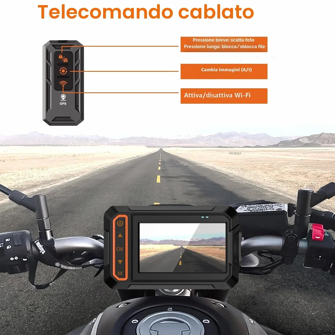 ydi Dash Cam Anteriore e Posteriore 1080P per Moto, Impermeabile Moto Doppia Grandangolare 155 Gradi Fotocamera con Schermo da 3 Pollici, Wi-Fi, GPS, Telecomando a Filo, Monitor di Parcheggio