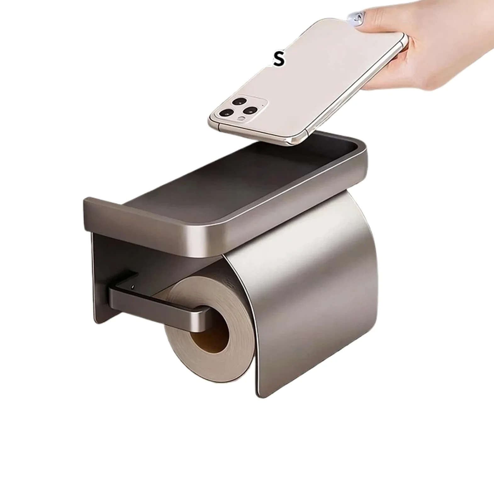 Portarotolo WC adesivo con mensola Porta carta igienica senza foratura | Ripiano portaoggetti for dispenser di fazzoletti for carta in rotolo for bagno(JS A silvery rack)