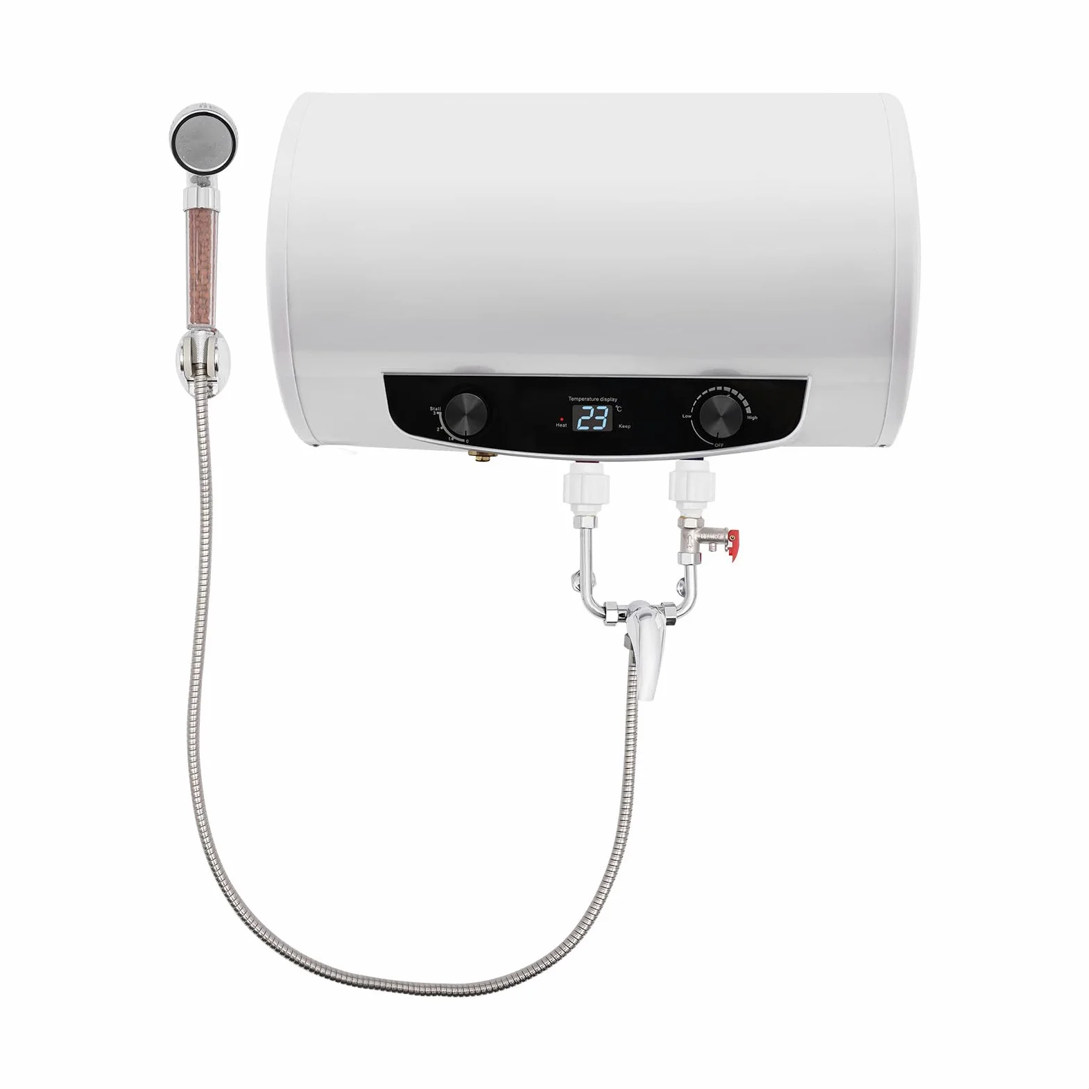 Scaldacqua calda da 35 l, 2000 W, montaggio a parete, serbatoio smaltato, IPX4, impermeabile, scaldabagno elettrico, regolatore di temperatura 25-75 °C, con rubinetto, doccetta e 3 tubi flessibili per