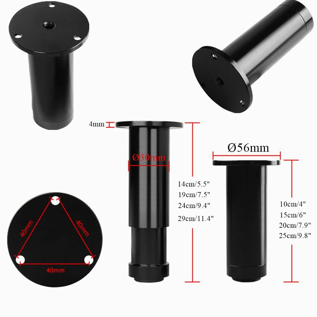 Gambe per mobili Rotonde Regolabili, Lega di Alluminio, Finitura Spazzolata, Altezza 8-30 cm, Set da 4 per tavolino/consolle, Viti Incluse, Supporto Robusto, Design Moderno