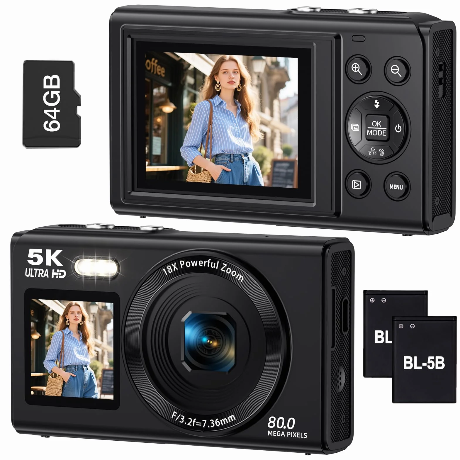Fotocamera digitale a doppio schermo 5K per Vlogging, fotocamera WiFi da 80 MP con display frontale, zoom 18x, luce di riempimento, include scheda da 64 GB e 2 batterie