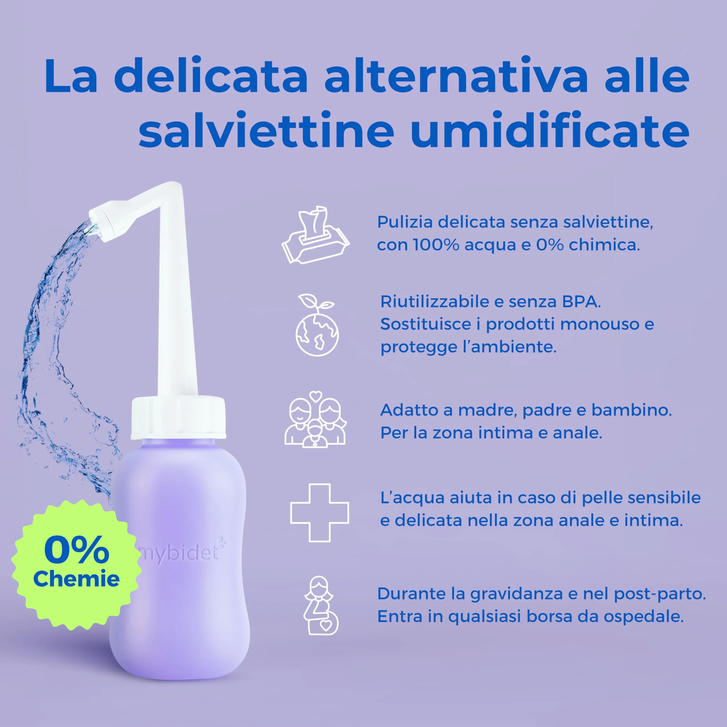 Doccia Intima 3.0 Po con Borsa da Viaggio e Coperchio, Facile da Premere, per Gravidanza, Puerperio, Glutei Doloranti, Bidet o Doccia Popo, Materiali Ecologici e BPA-free, Viola