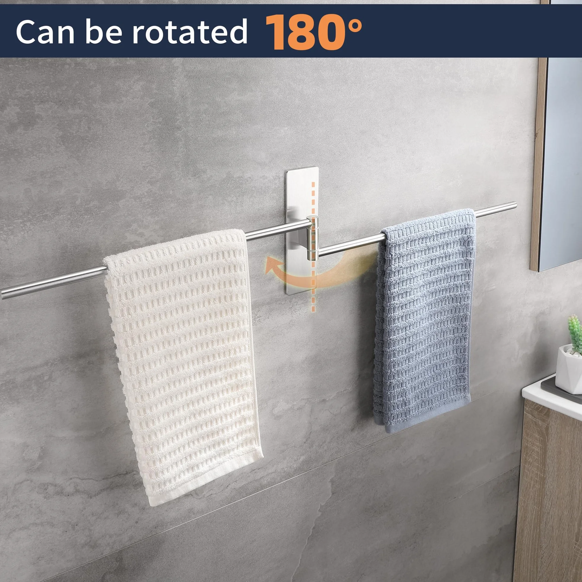 Porta Asciugamani Bagno Adesivo Girevole 180° Acciaio Inox 304 Senza Foratura Spazzolato Argento