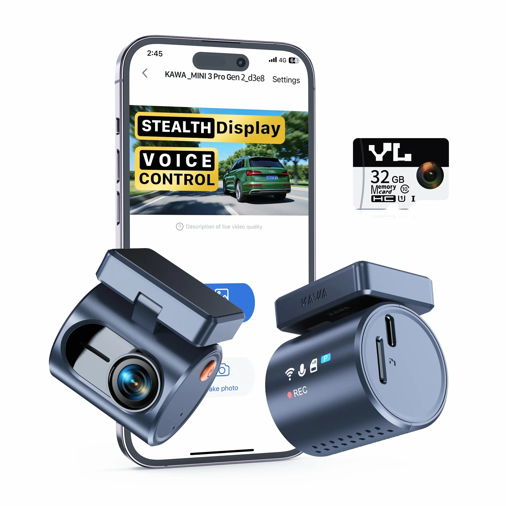 KAWA Dash Cam Auto - Display Trasparente con Controllo Vocale, 2K1296P Piccola Telecamera,Visione Notturna, 145° FOV, Supercondensatore, Include SD 32GB, Sensore G, Controllo App