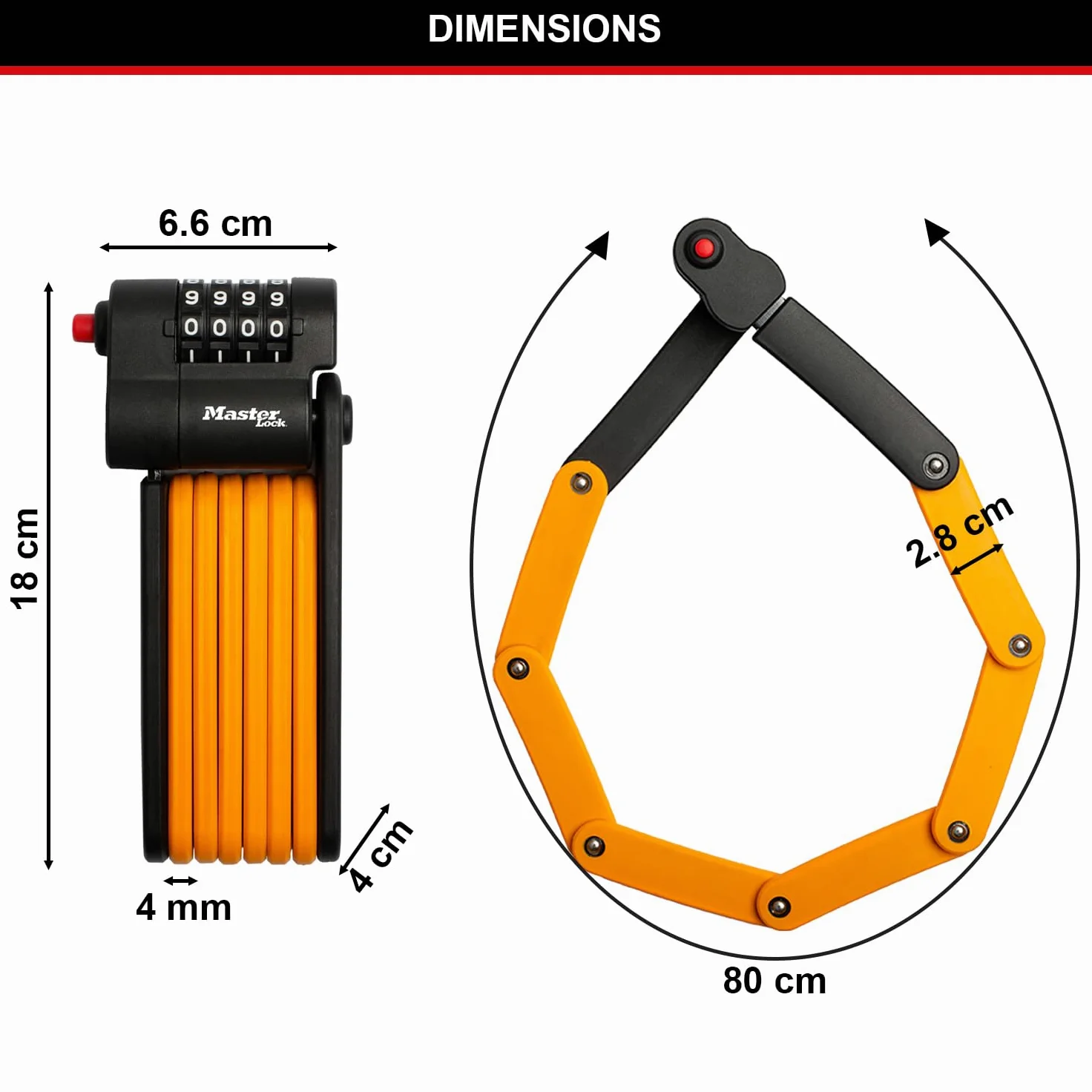 Master Lock, Lucchetto pieghevole per bicicletta a combinazione con maglie in acciaio temprato, supporto e staffa di montaggio inclusi, 80 cm