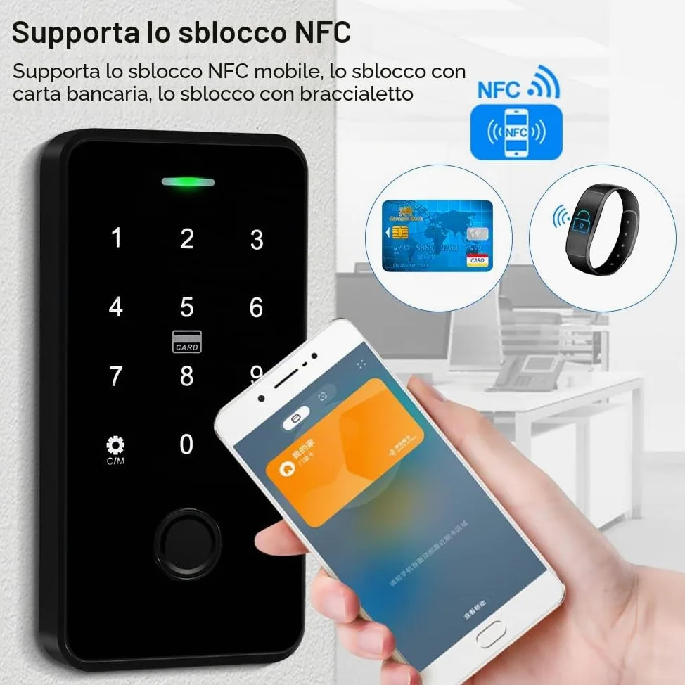 TUYA Kit di Controllo Degli Accessi Impermeabile,Tastiera Touch RFID,Serratura Elettronica a Chiave,Alimentazione 3A,Pulsante del Cambio,Campanello Cablato,15 Chiavi da 13,56MHz