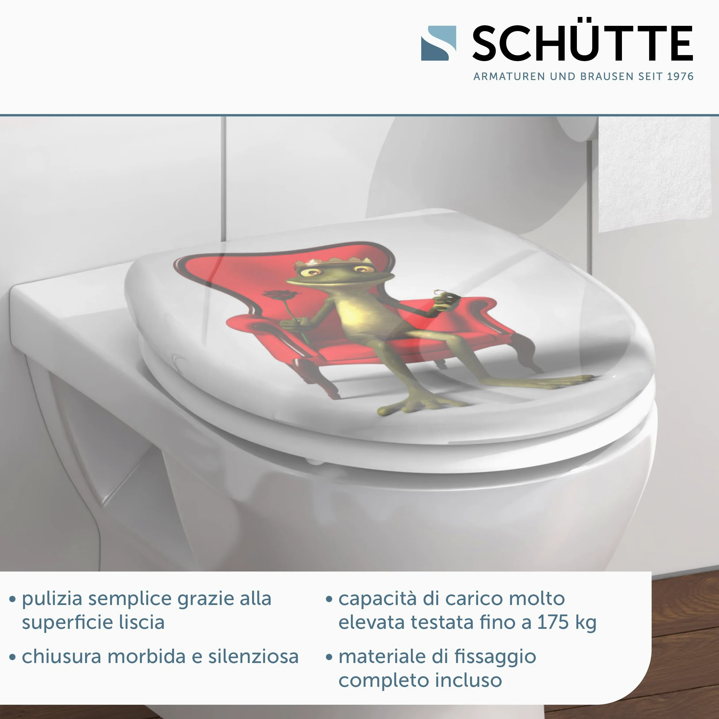 SCHÜTTE 82190 - Sedile WC in Duroplast FROG KING con abbassamento automatico