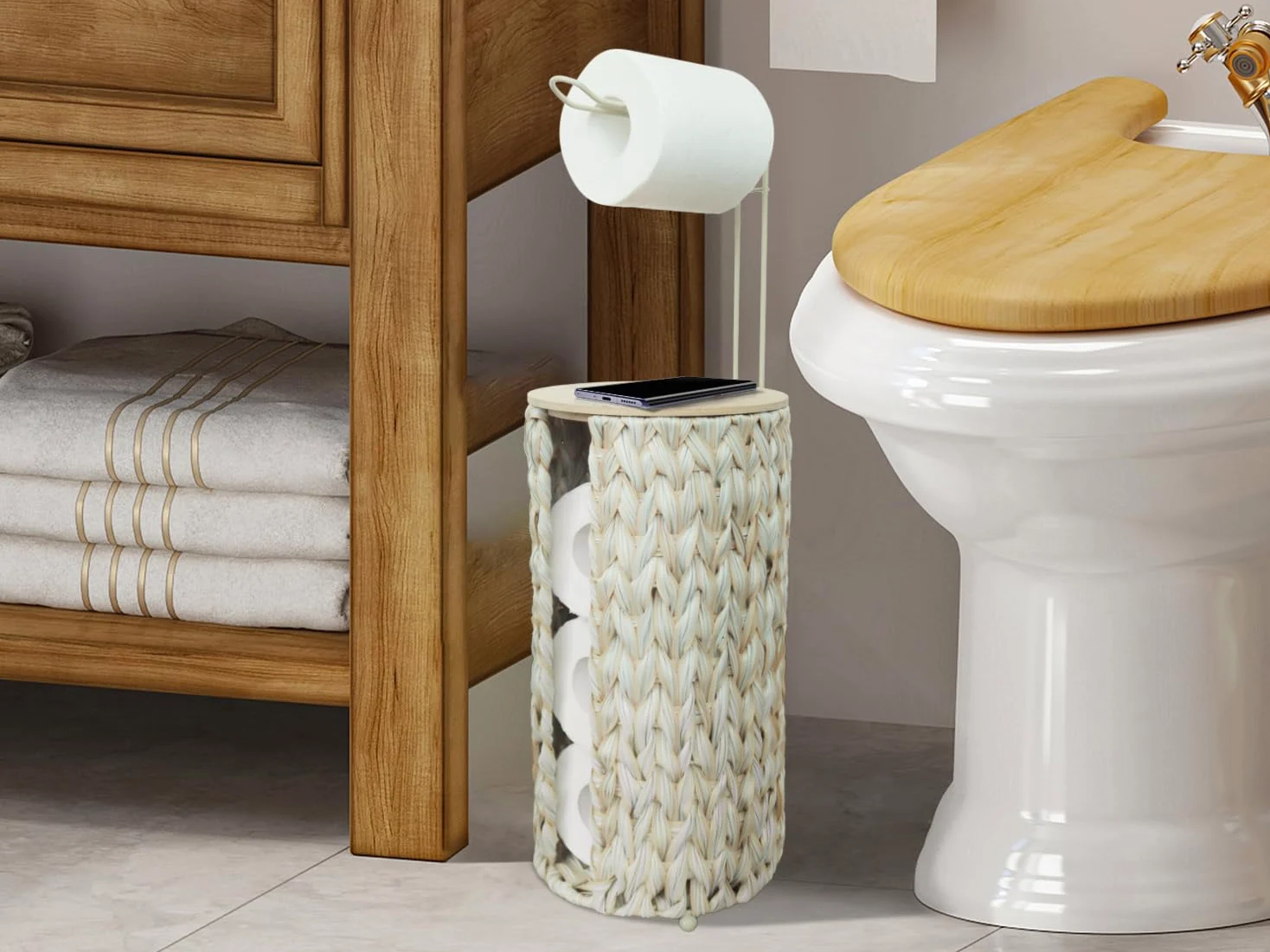 Portarotolo per carta igienica con coperchio in legno, colore: bianco