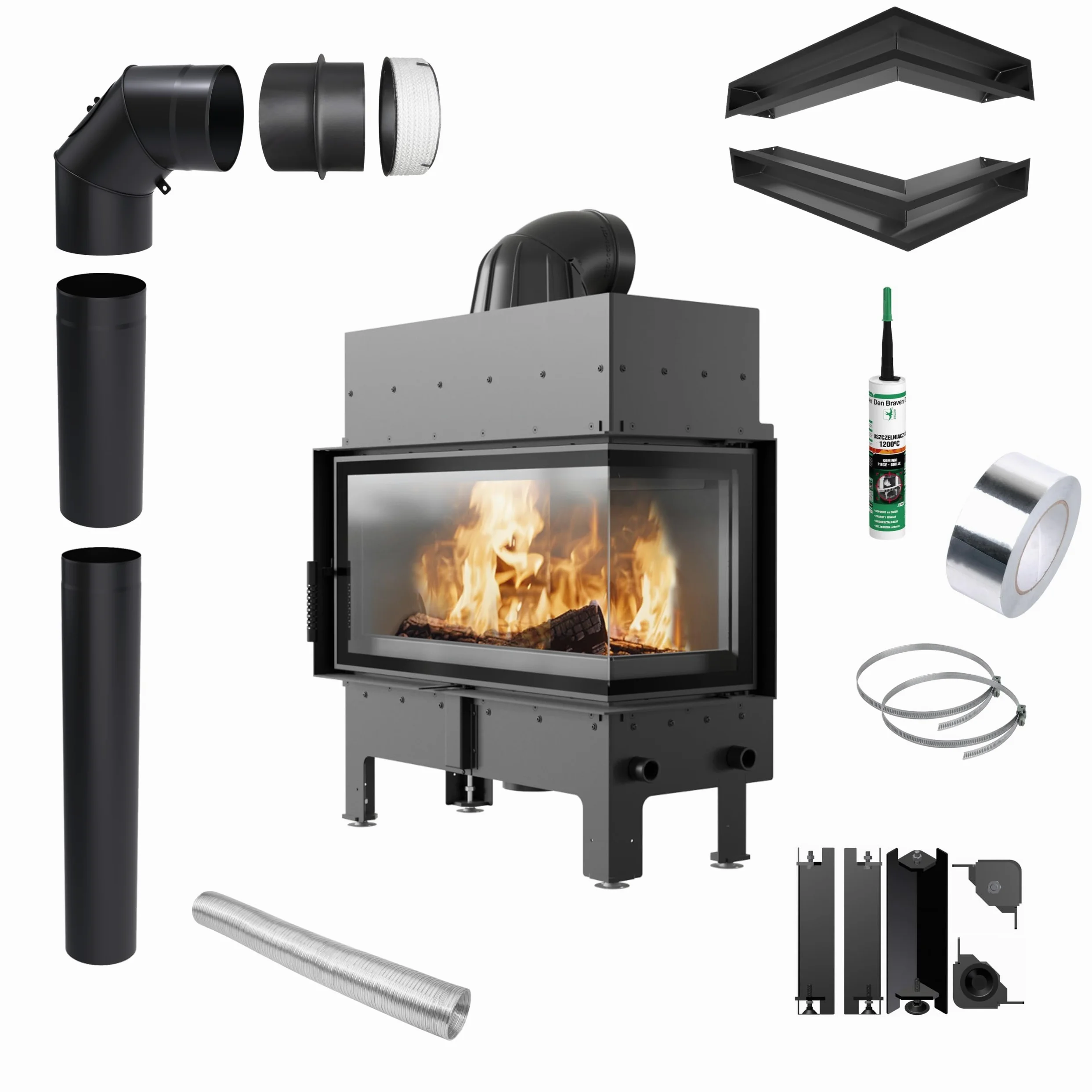 KRATKI Inserto per camino in acciaio a legna FLOKI 12 kW Ø200 destro A+ | Acciaio nero, efficienza 85,4%, classe A+. Ecodesign, BImSchV 2; per recupero calore.; kit di montaggio; basse emissioni