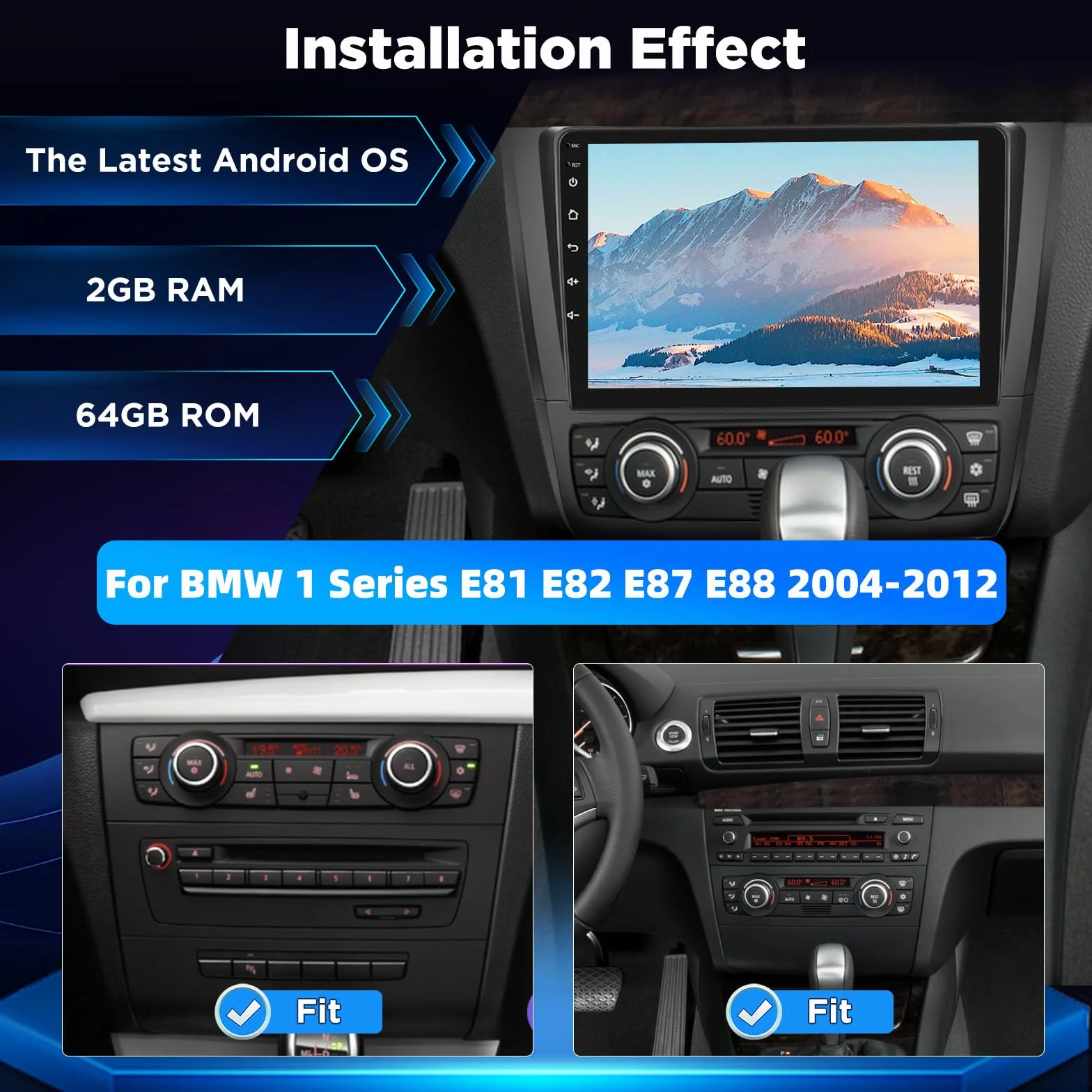 Autoradio Android per BMW Serie 1 E81 E82 E87 E88 2004-2012, Stereo touchscreen 9 pollici 2,5D con CarPlay e Android Auto wireless, Navigazione GPS, WiFi, DSP 32 bande + Telecamera posteriore AHD