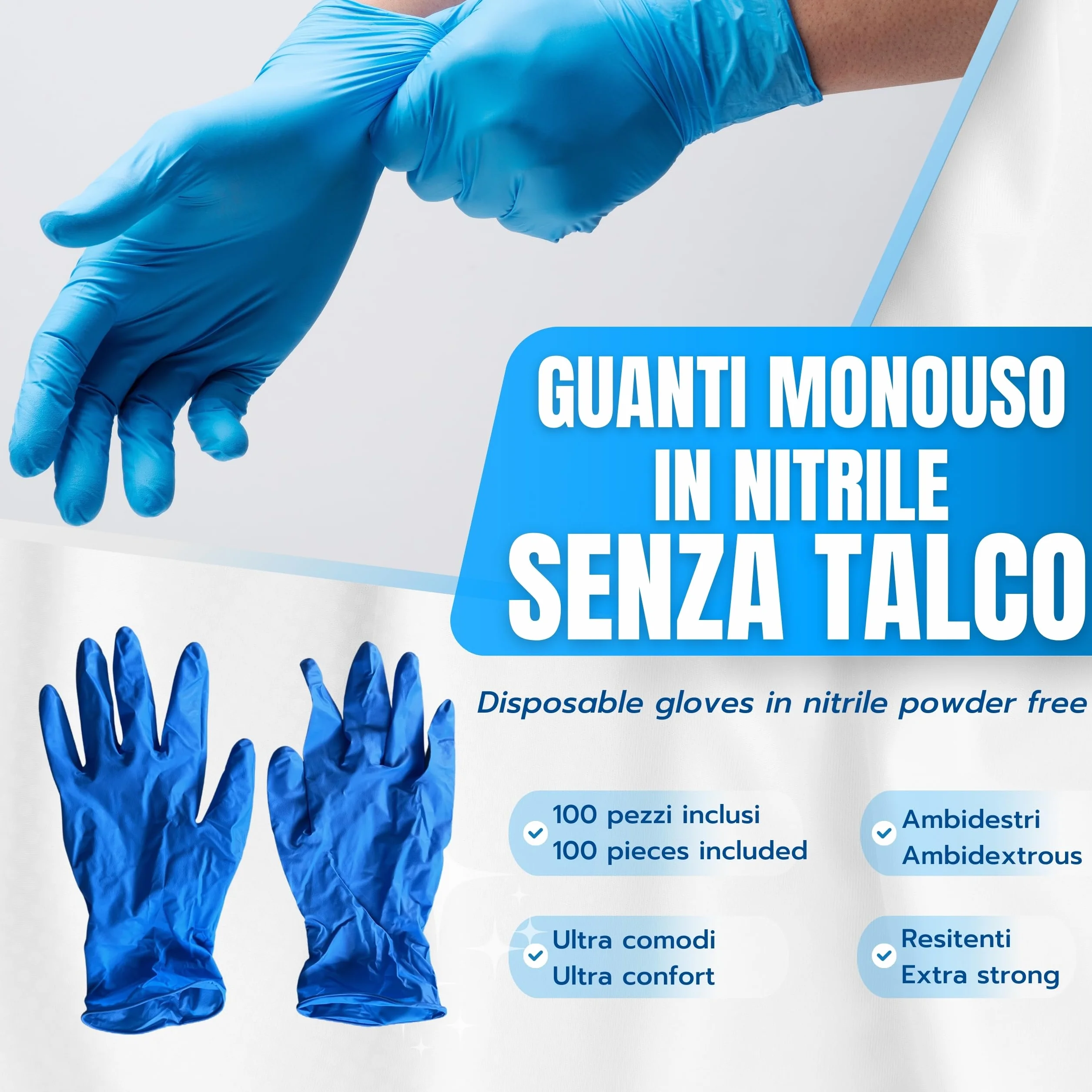 Bottari Guanti in Nitrile Monouso Blu, Senza Talco, Confezione da 100 Pezzi, Taglia XL, Anallergici, Resistenti